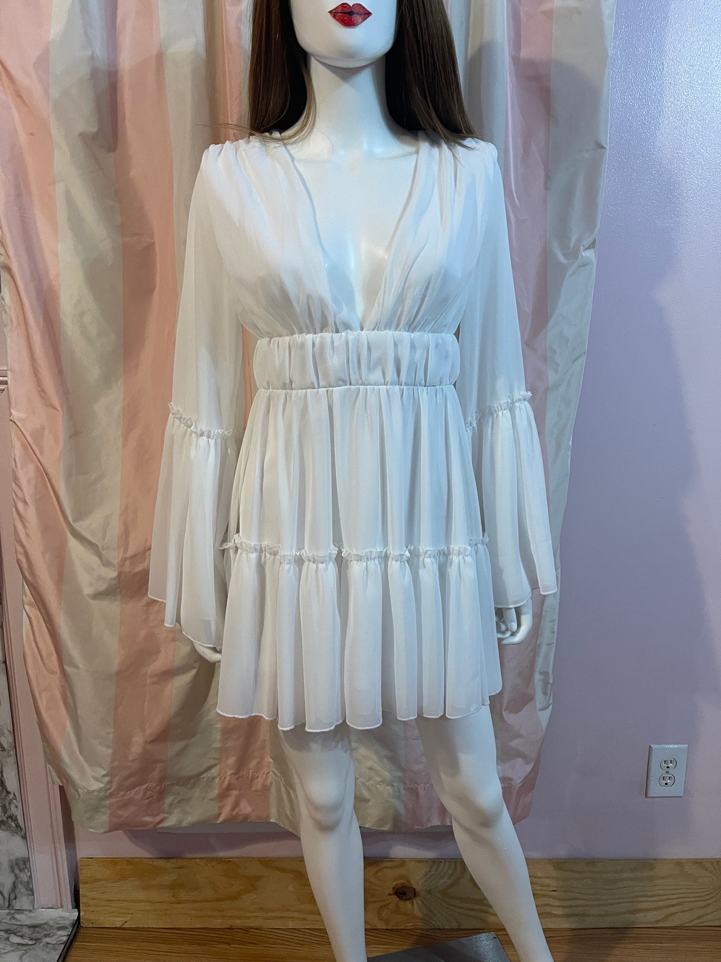 White Sheer Layered Plunge Wedding Empire Baby Doll Flounce Boho Dress