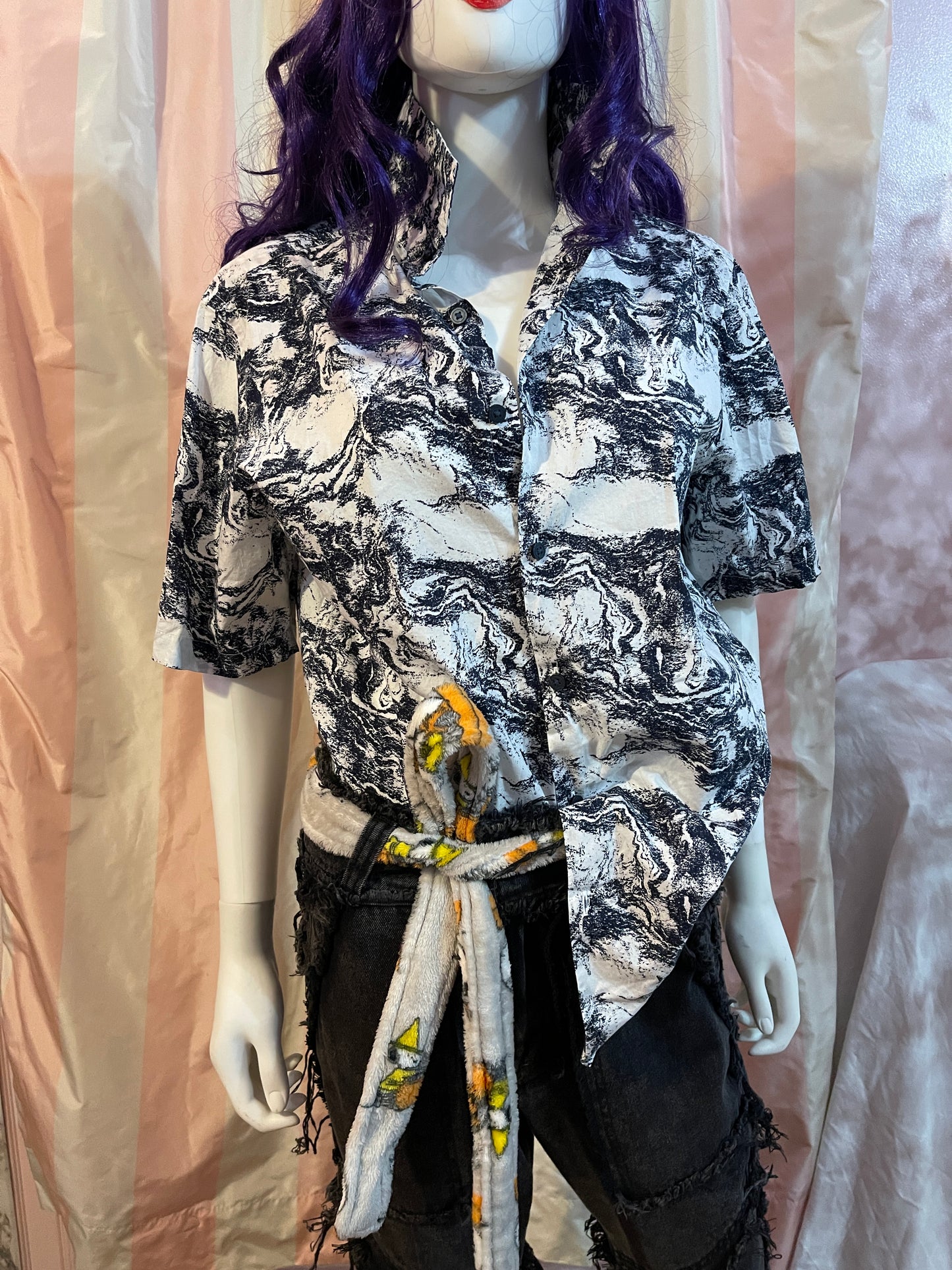 White Abstract short sleeve button shirt