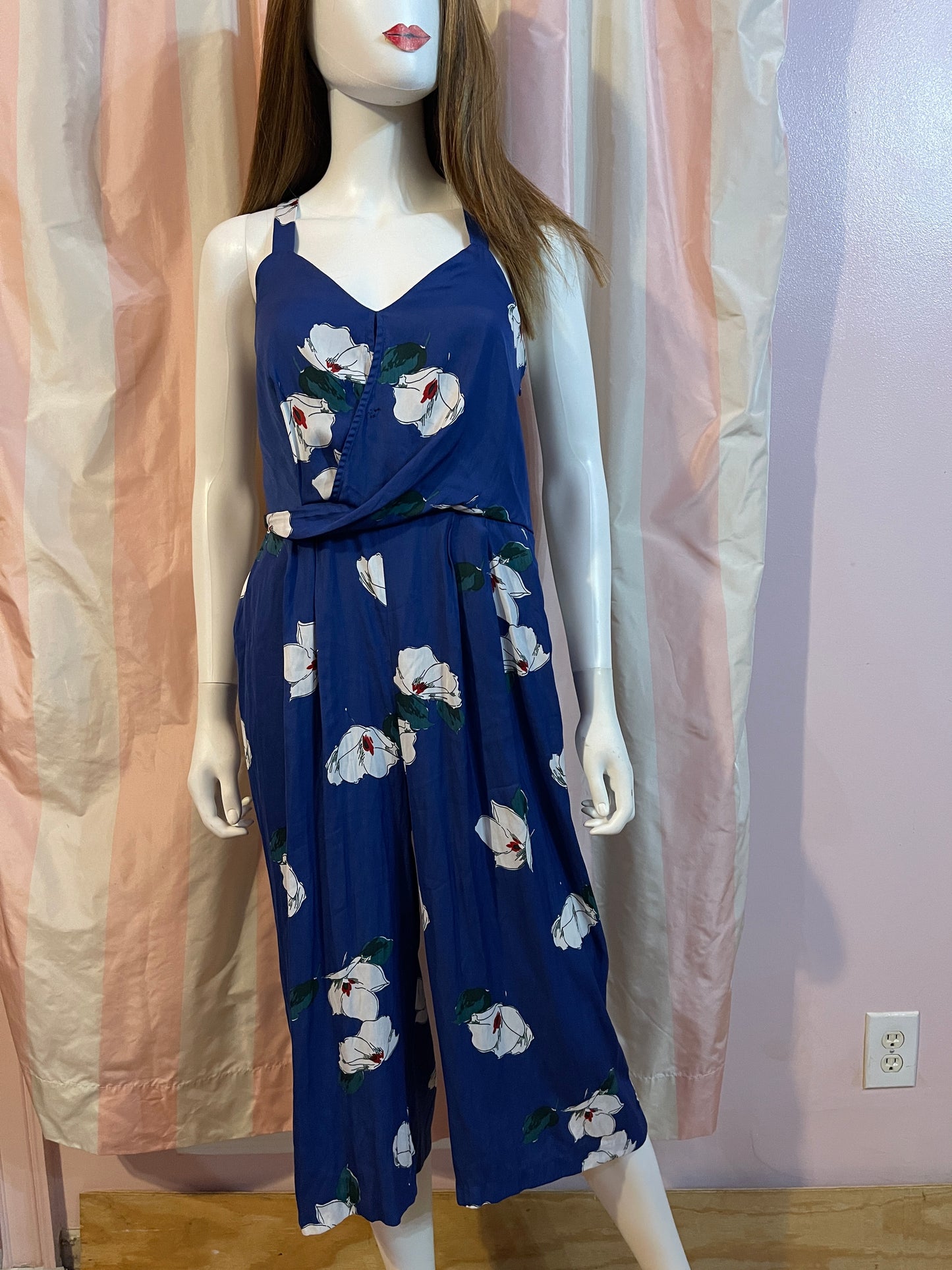 Royal blue floral pantsuit romper culottes