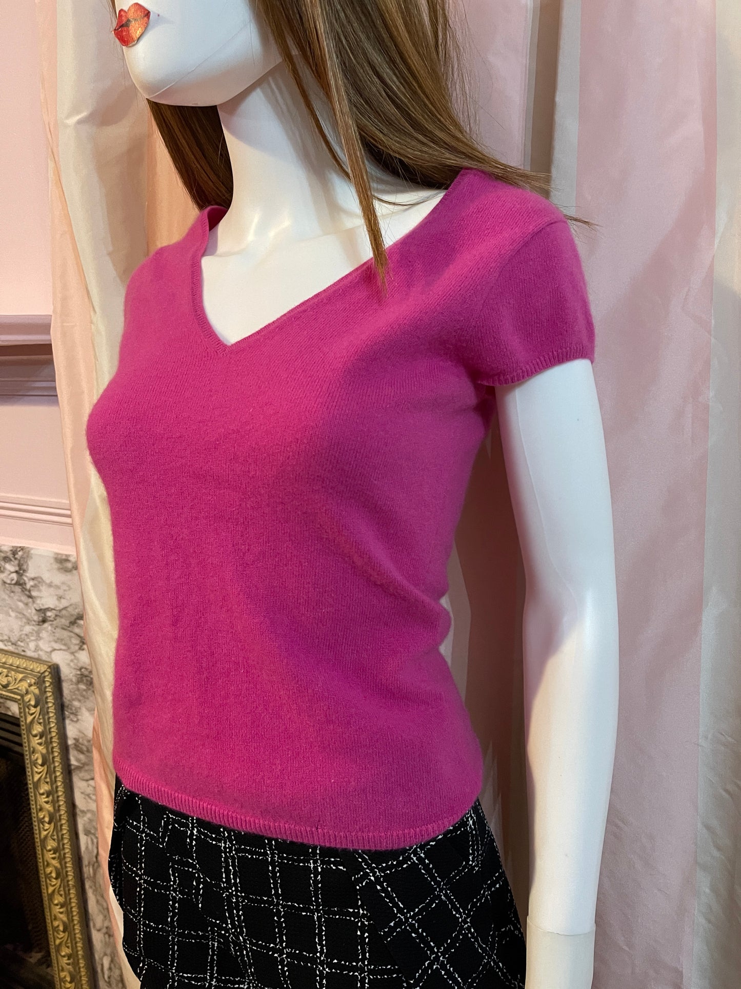 Hot Pink Fuschia Cashmere 100% Sweater & Black Pants