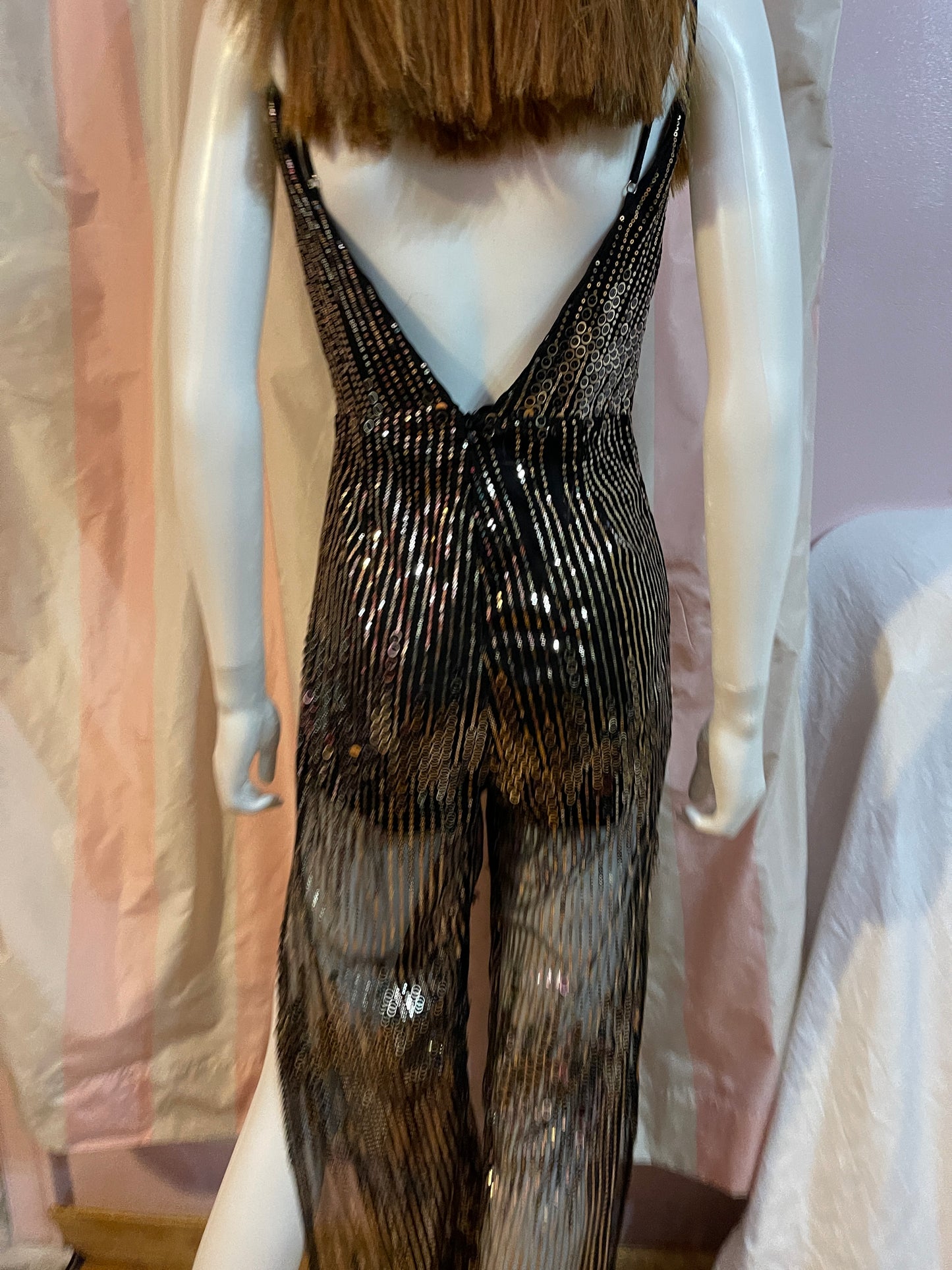 Vintage Gold Lane Black Sequin Sheer pantsuit