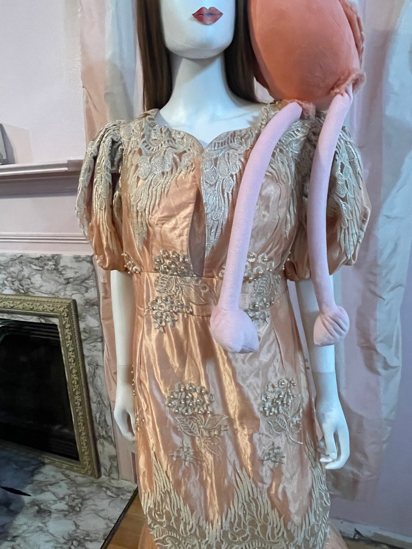 Vintage Pink Peach Satin Lace Dress Gown