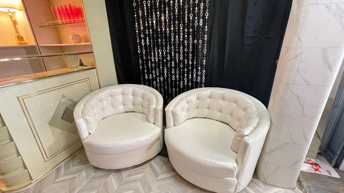SOLD Modern White Tufted Faux Leather Tub Chairs