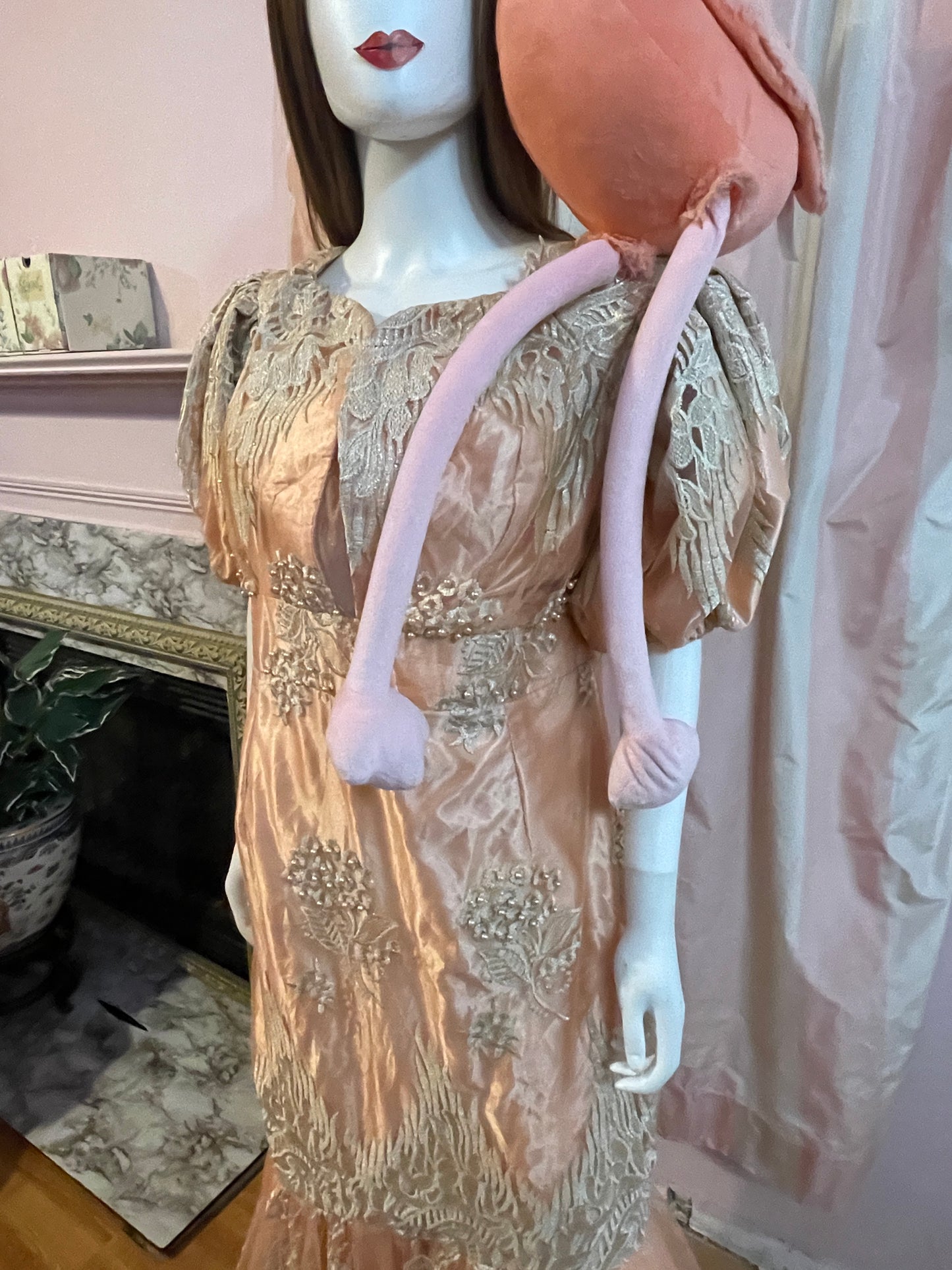 Vintage Pink Peach Satin Lace Dress Gown