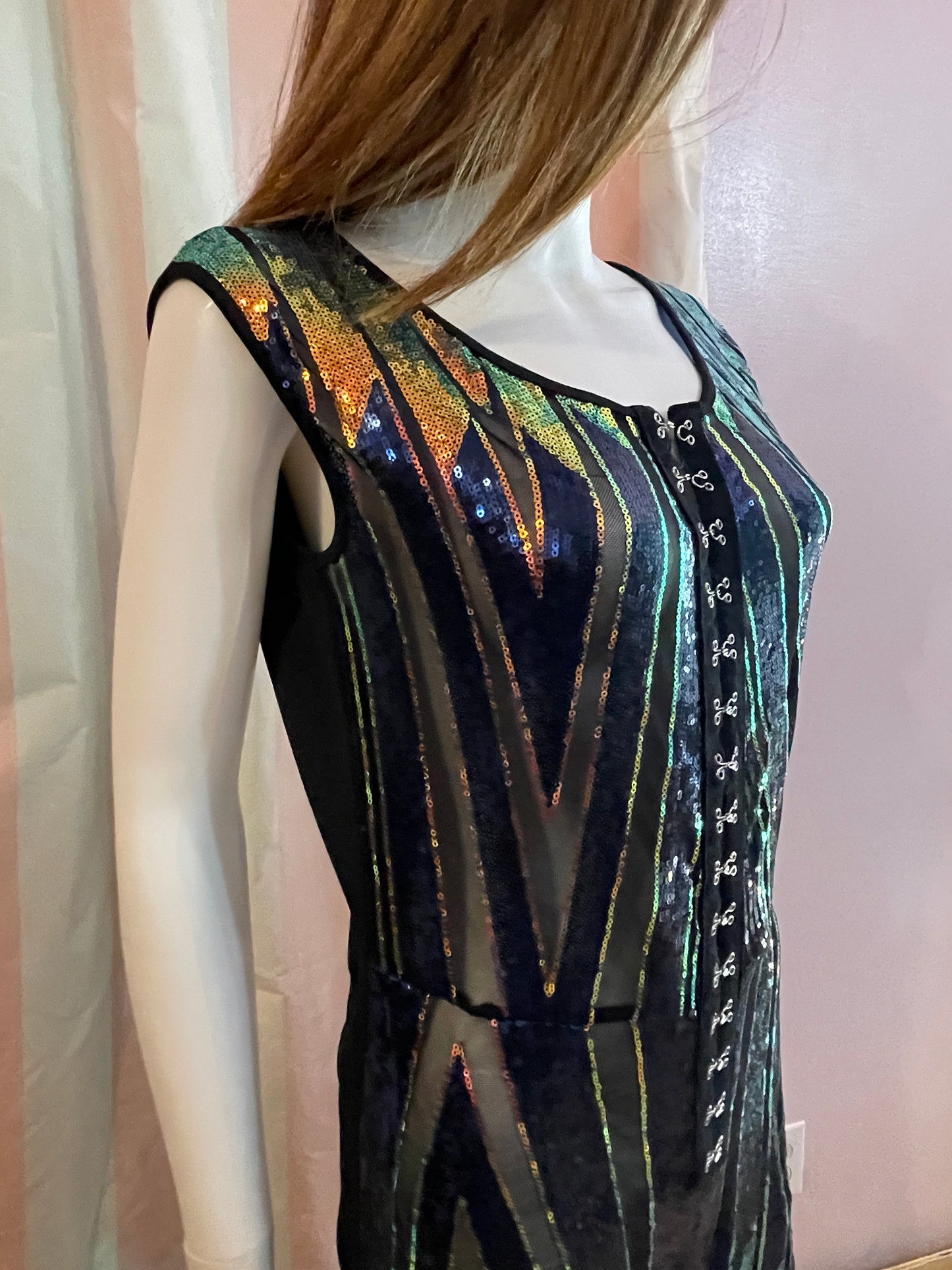Vintage Black Blue Gold Sequin Jumpsuit