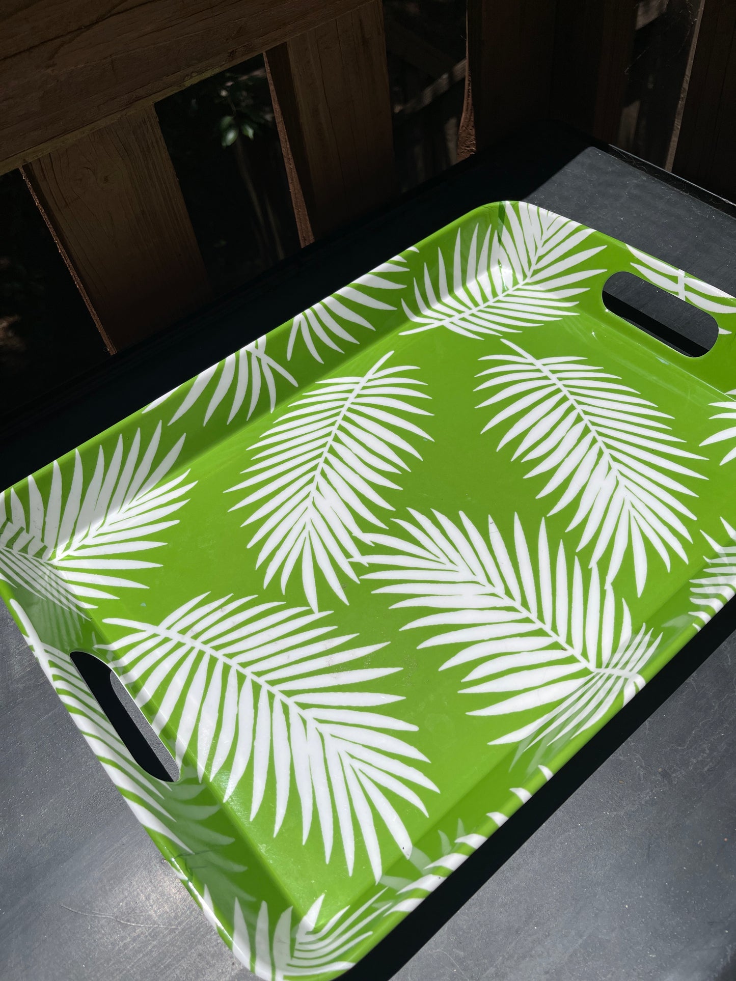 SERVING TRAY RENTAL PALM TREE GREEN BOTANICAL ACRYLIC HANDLES