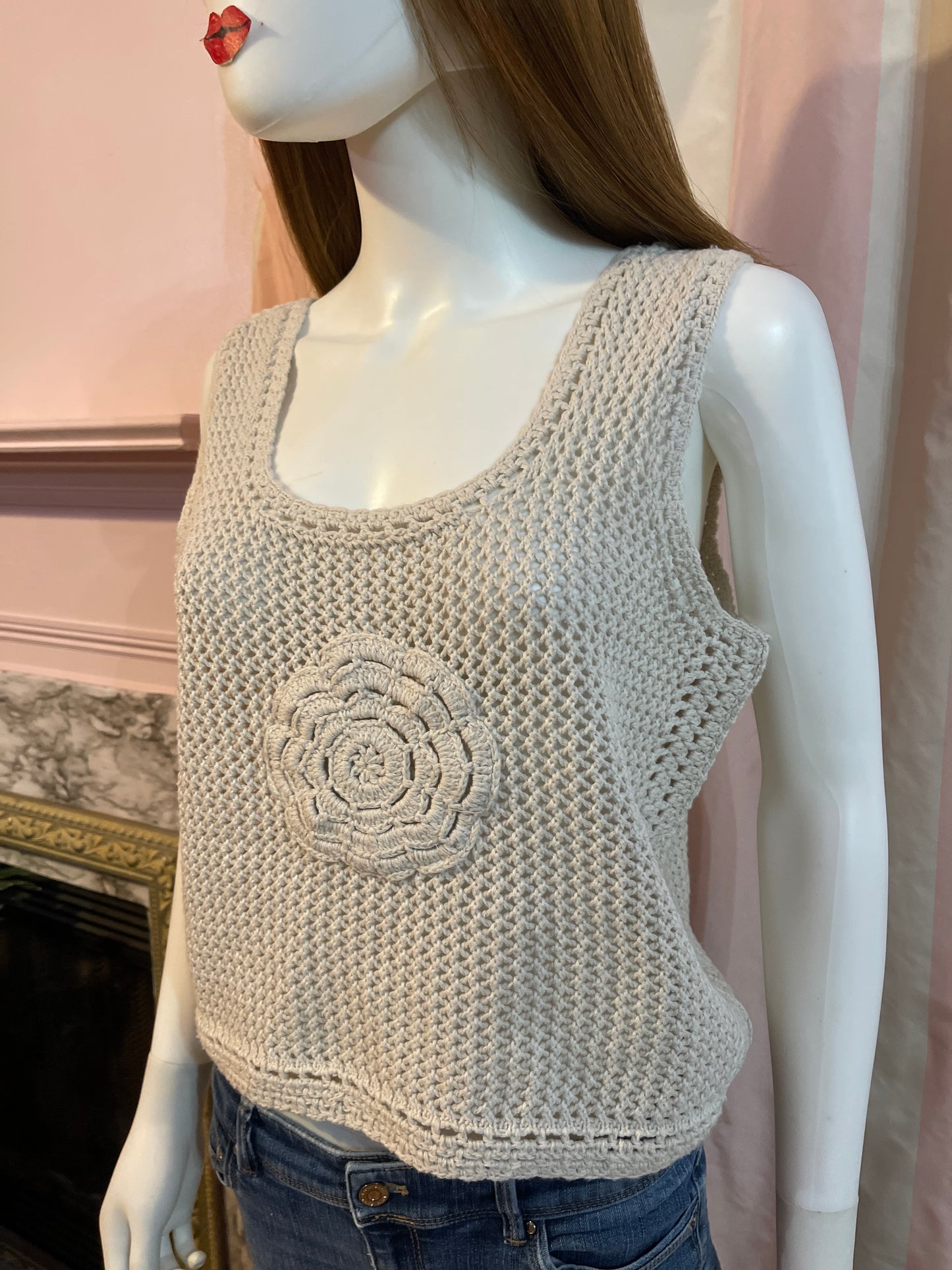 Beige Crochet knit macrame flower Tank Top
