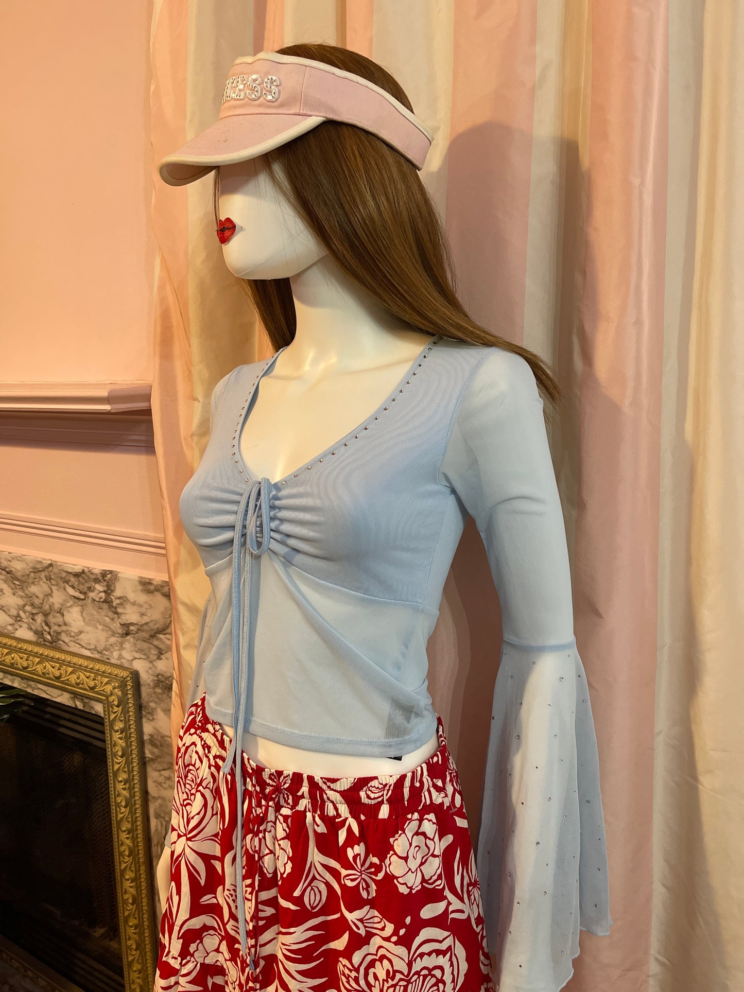 Dolls Kill x Bratz Blue Rhinestone Top & red floral skirt