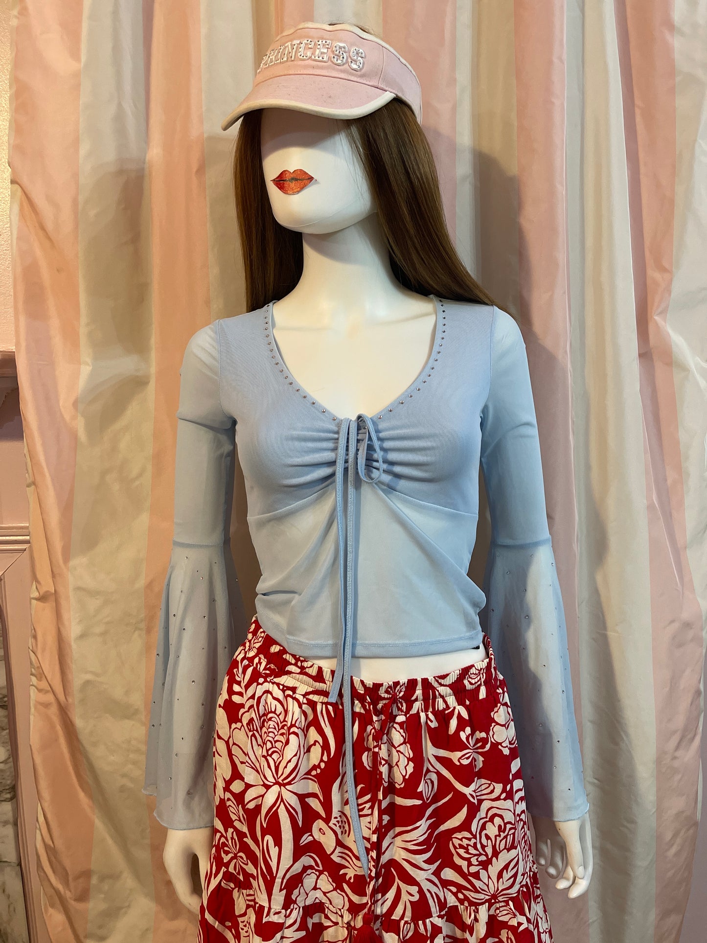 Dolls Kill x Bratz Blue Rhinestone Top & red floral skirt