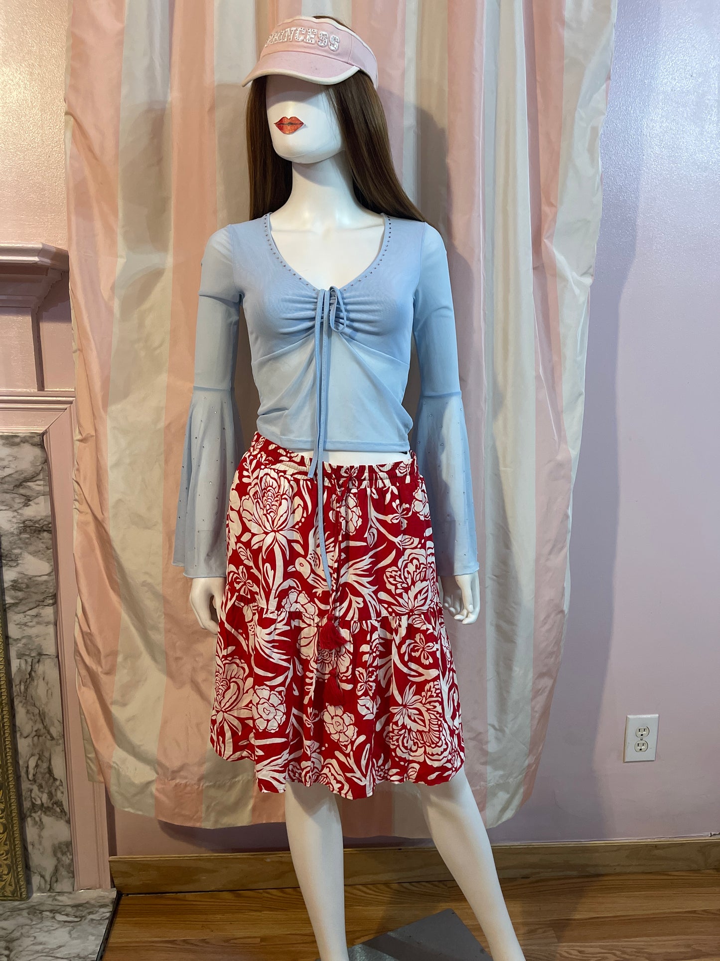 Dolls Kill x Bratz Blue Rhinestone Top & red floral skirt