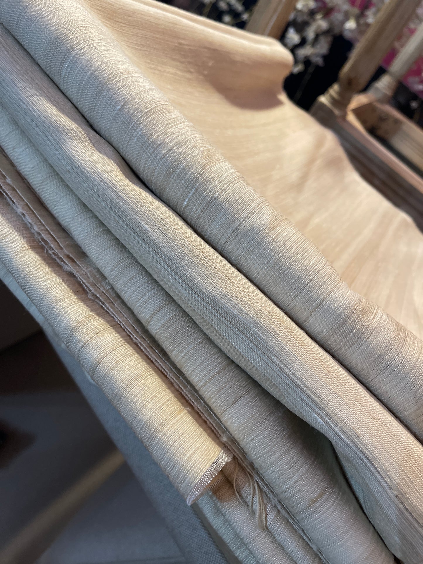 CURTAIN RENTAL TAN BEIGE RAW SILK STRIA STRIPE FABRIC pan PANELS NATURAL ORGANIC