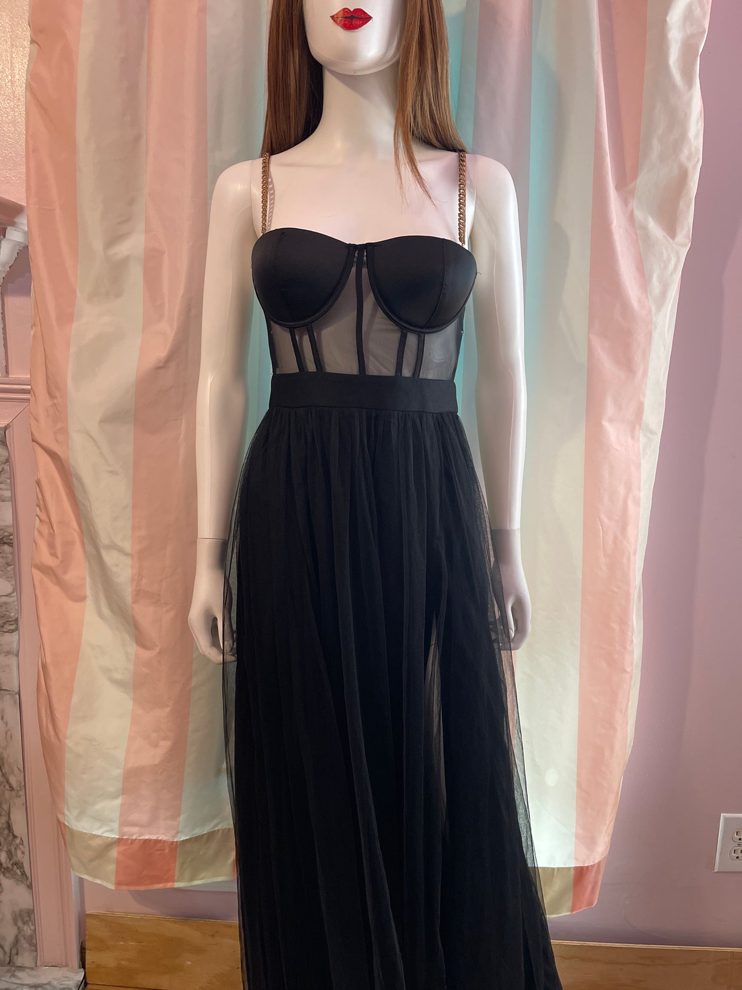 Black corset sheer dress chiffon gown Nwt