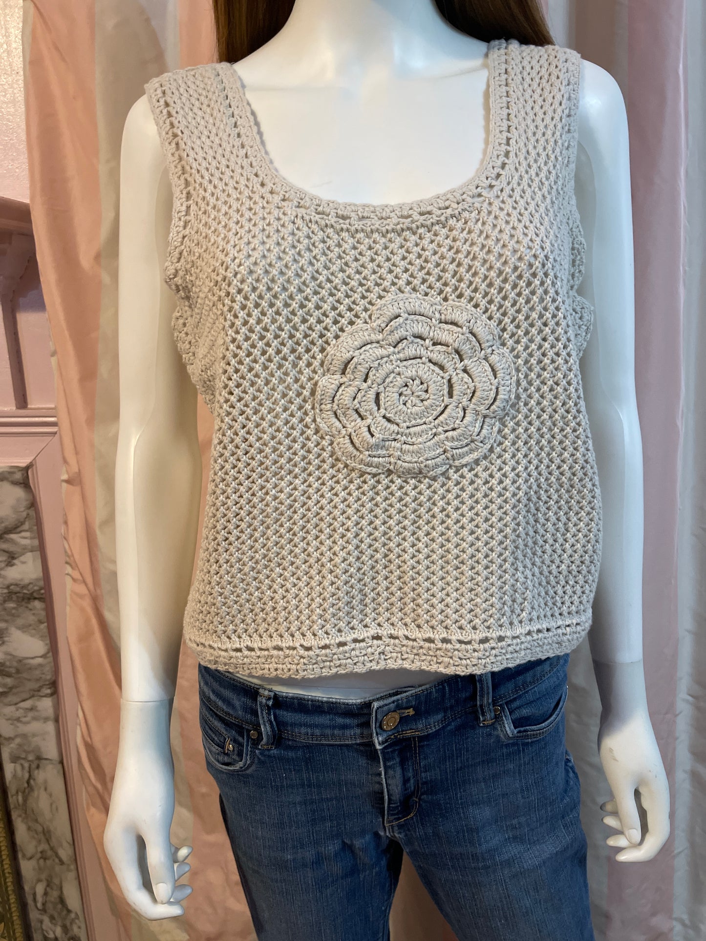 Beige Crochet knit macrame flower Tank Top