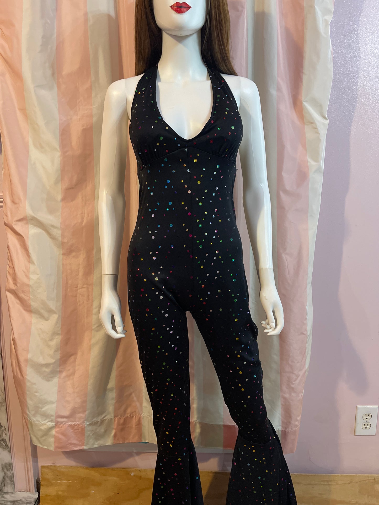 Vintage Black multicolor rainbow polka dots pantsuit bodysuit jumpsuit