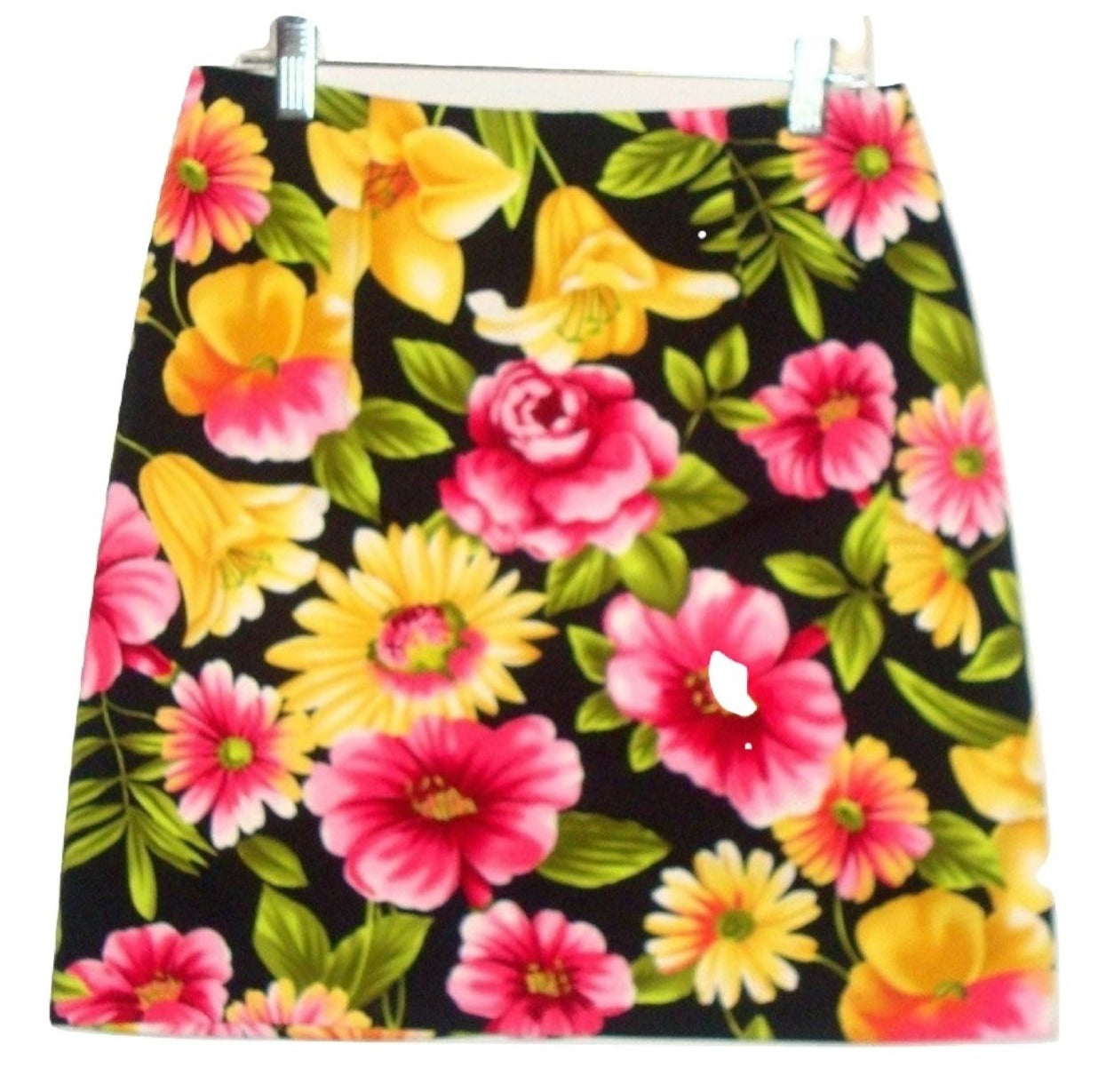 Floral BLack Pink Yellow STRETCH Mini SKIRT SZ 6P Abby Essie