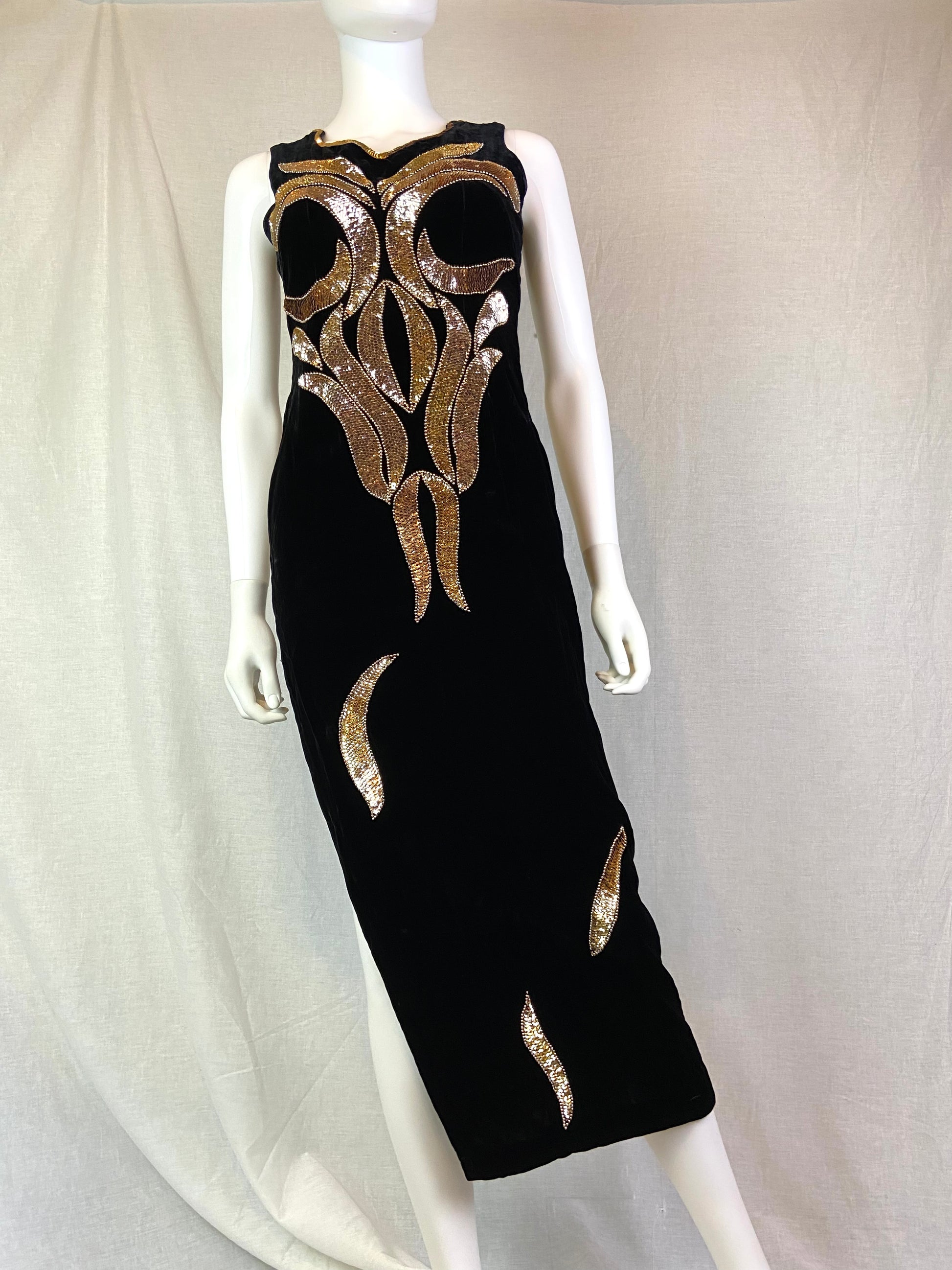 Vtg Black Velvet Gold Sequin Column Gown ABBY ESSIE STUDIOS