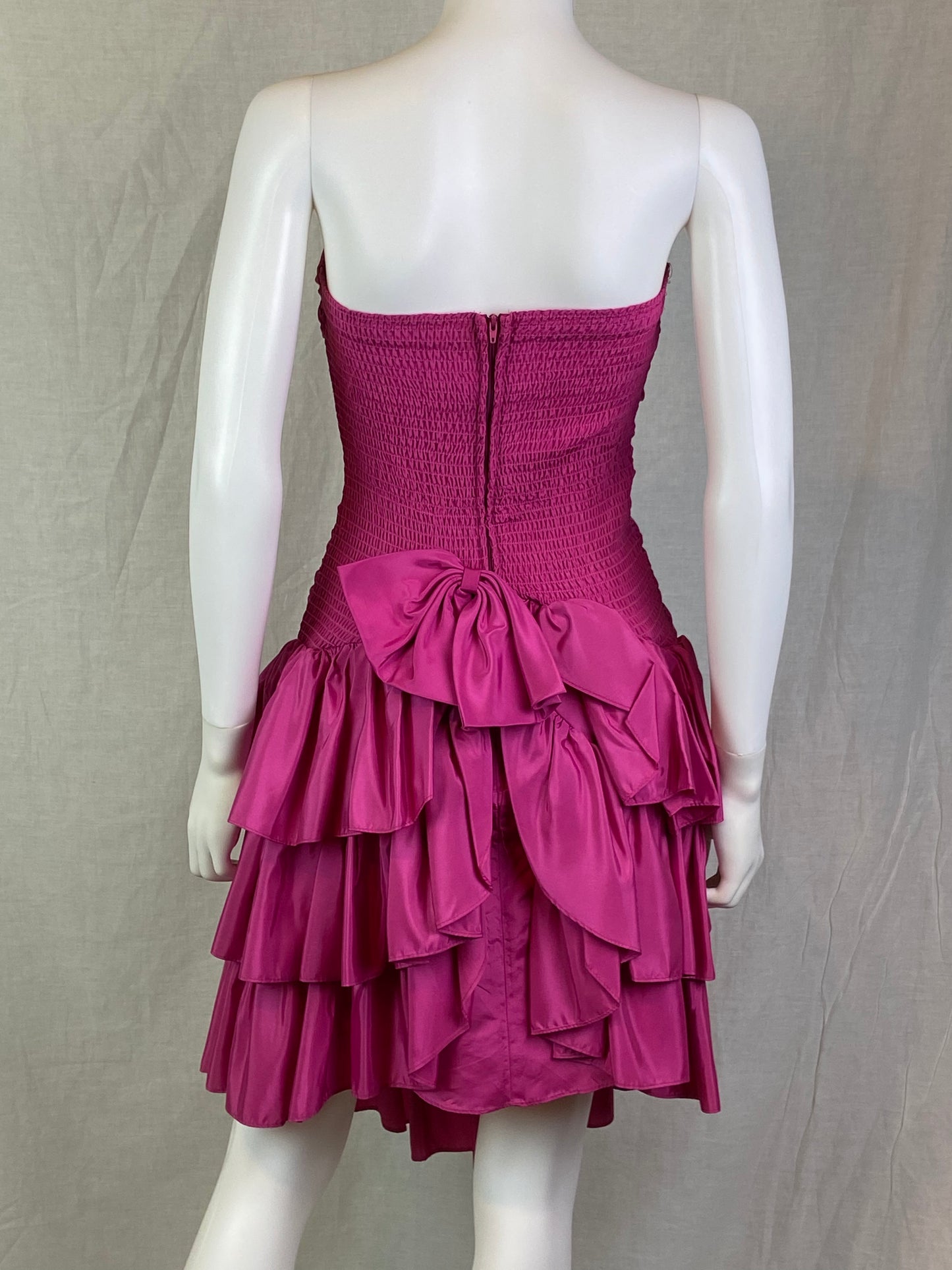 Vintage Positively ELLYN Hot Pink Satin Ruche Ruffle Dress ABBY ESSIE STUDIOS
