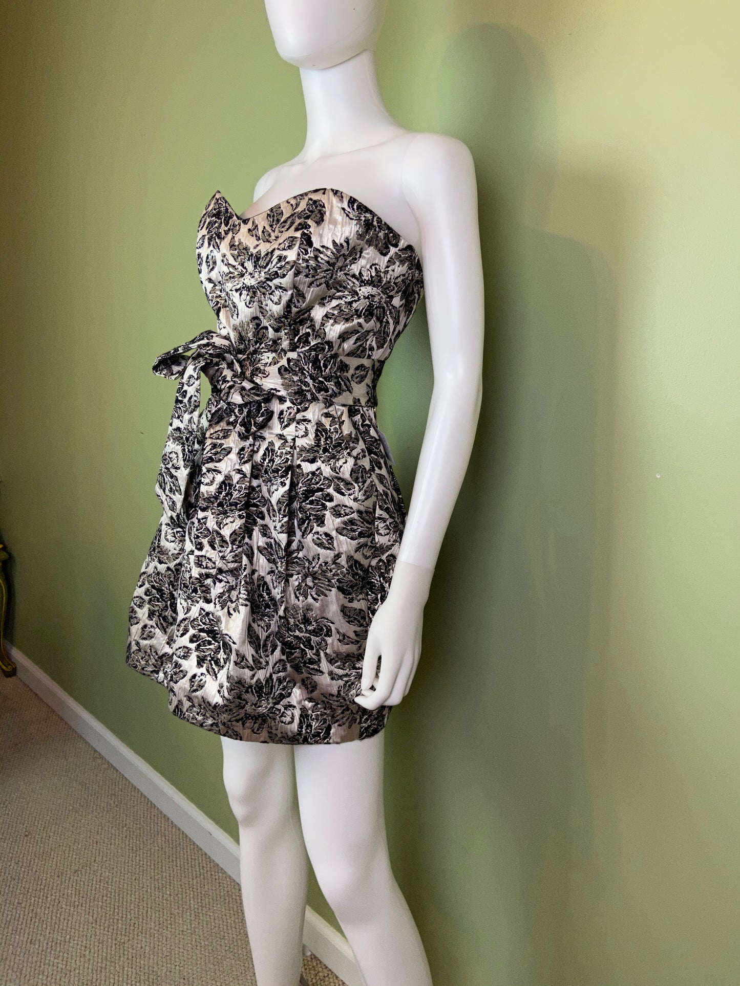 Silver Lame Black Floral Strapless Bustier Bubble Dress Abby Essie