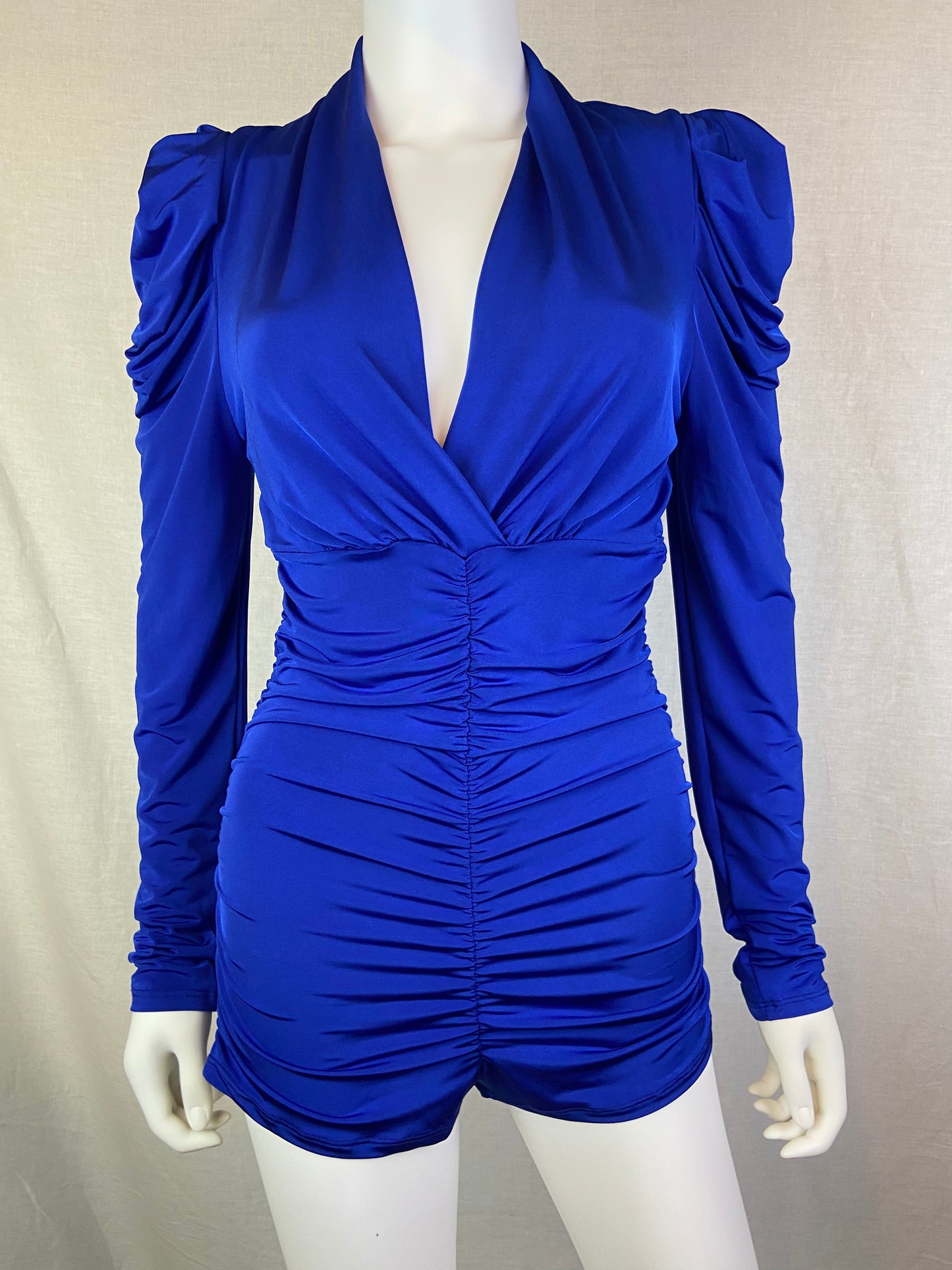 Sabora Royal Blue Ruche Mini Shorts Romper ABBY ESSIE STUDIOS