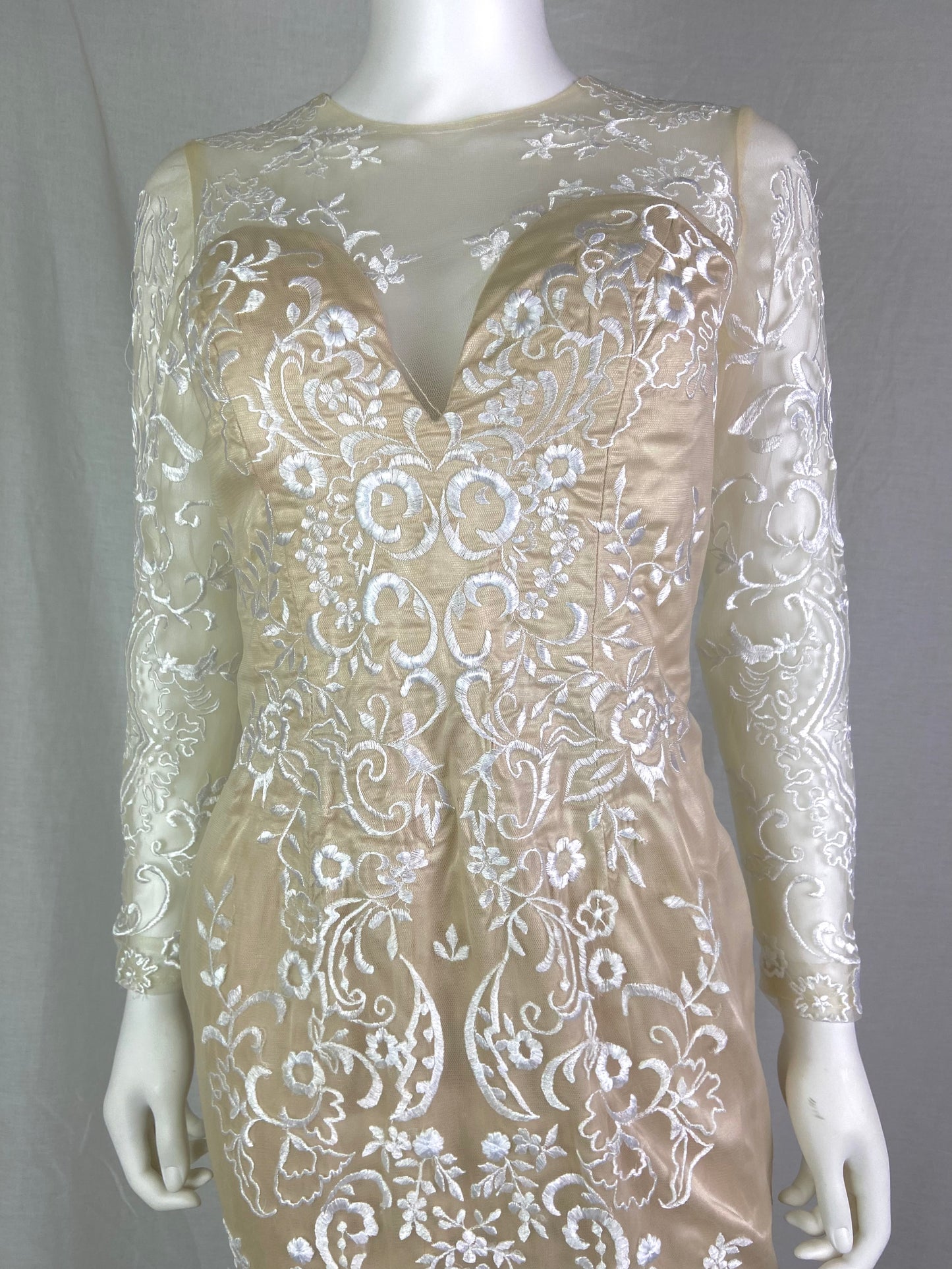 Vtg Champagne Cream Beige Embroidered Sheer Satin Wedding Gown ABBY ESSIE STUDIOS