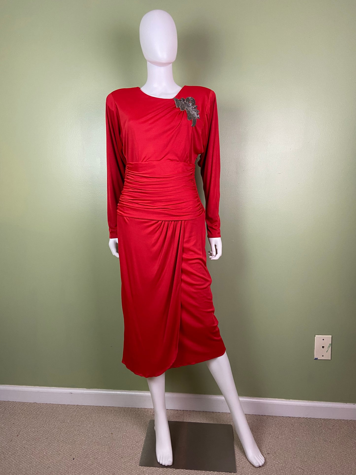 Vintage Bright Beaded Red Ruche Drape Dress Abby Essie