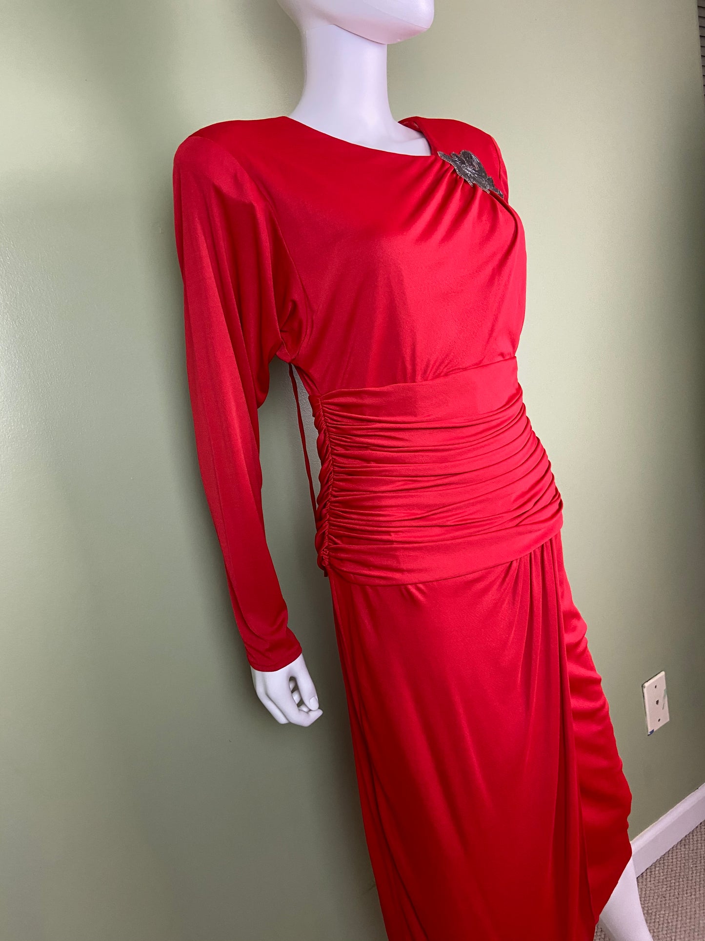 Vintage Bright Beaded Red Ruche Drape Dress Abby Essie