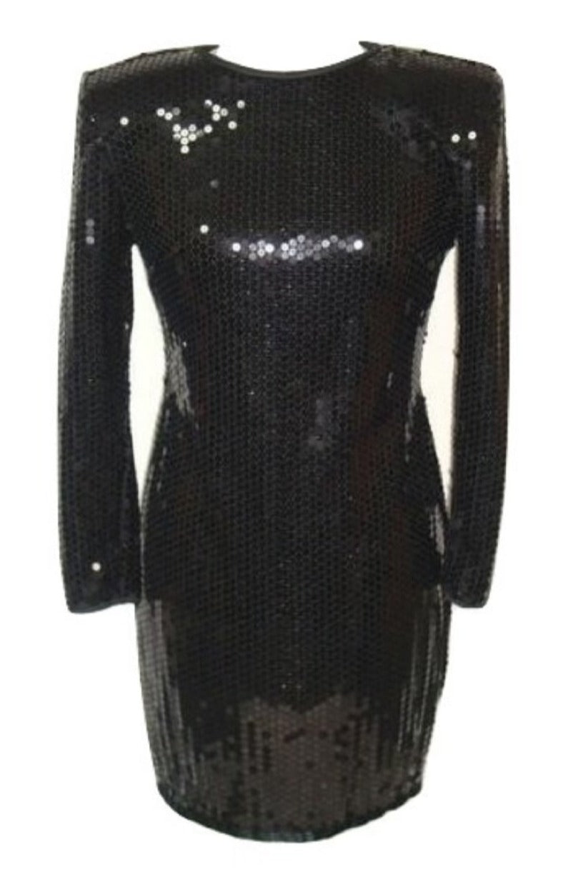 Vintage Black Sequin Stretch Open Back Wiggle Cocktail Dress 10 Medium Ld-2428 Abby Essie