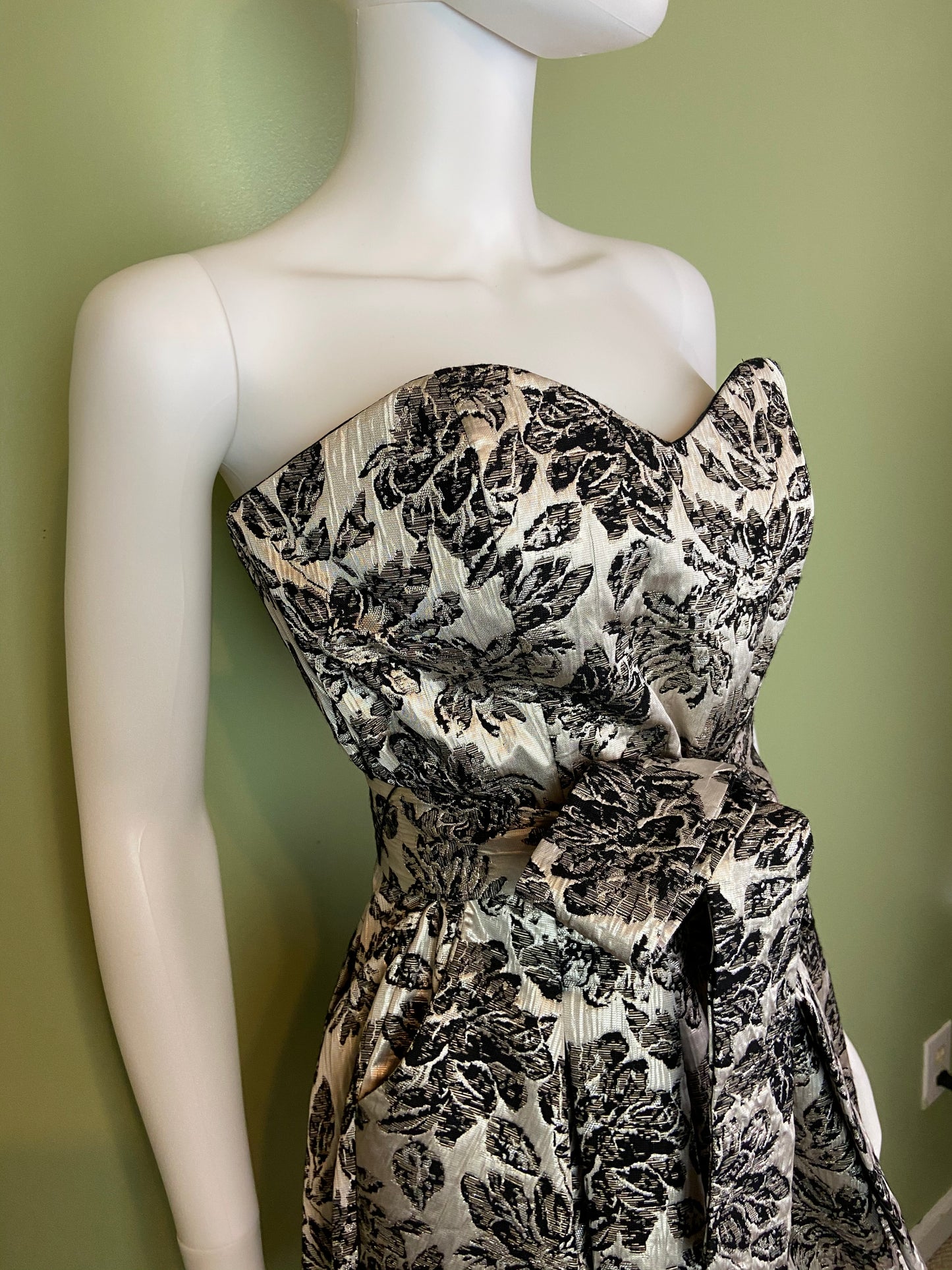 Silver Lame Black Floral Strapless Bustier Bubble Dress Abby Essie