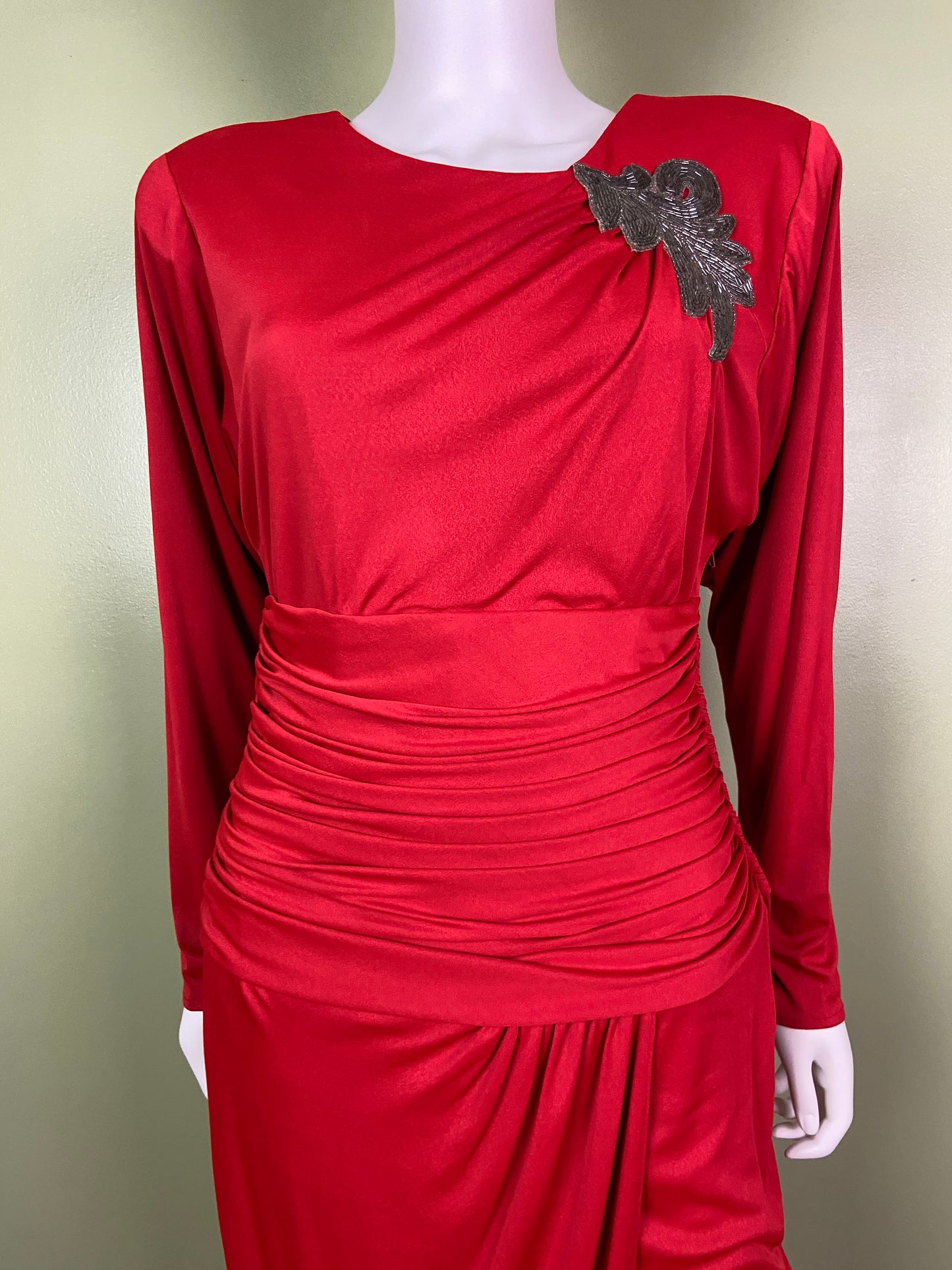 Vintage Bright Beaded Red Ruche Drape Dress Abby Essie