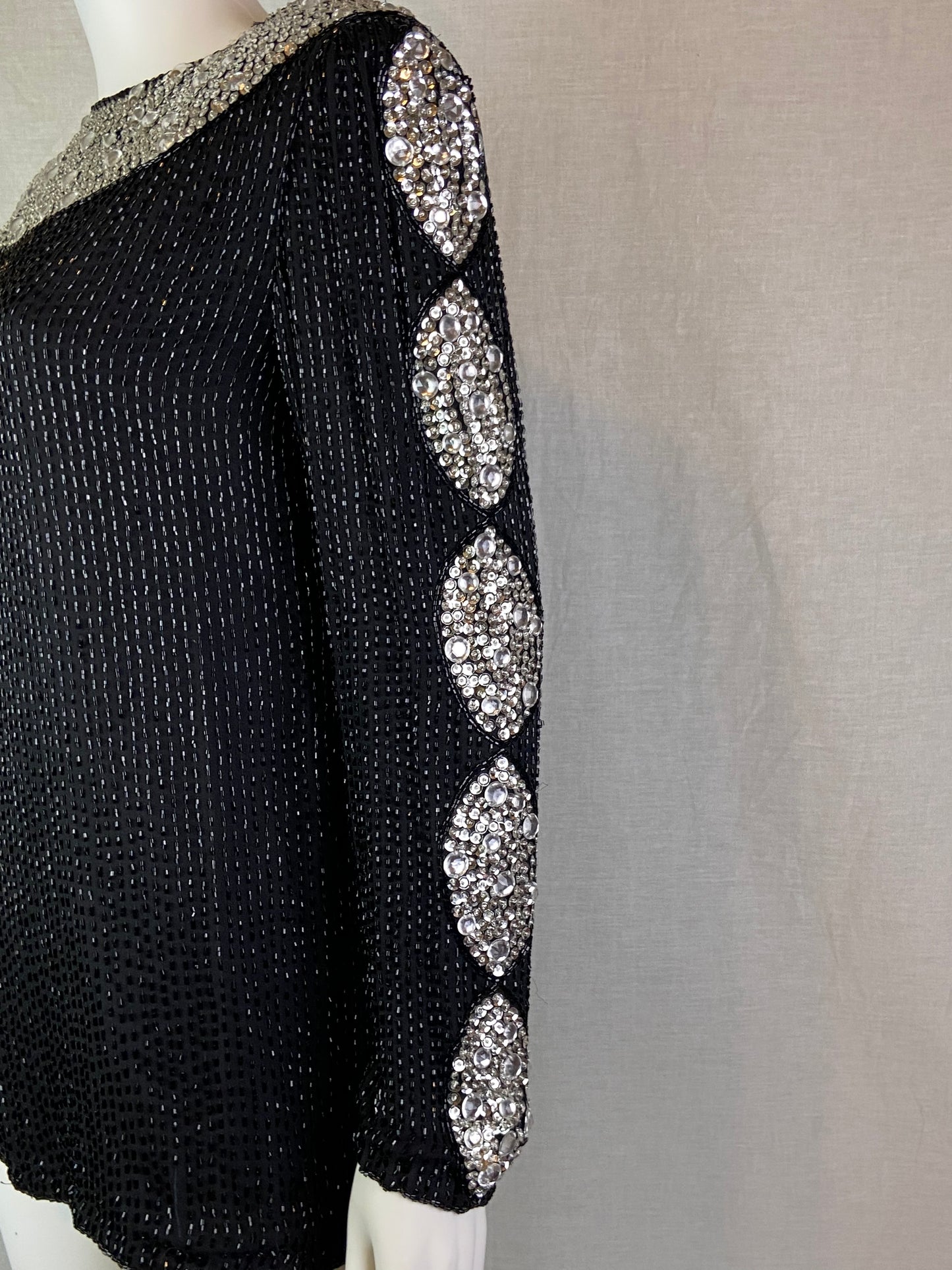 Oleg Cassini Black Silver Sequin Beaded Rhinestone Silk Top