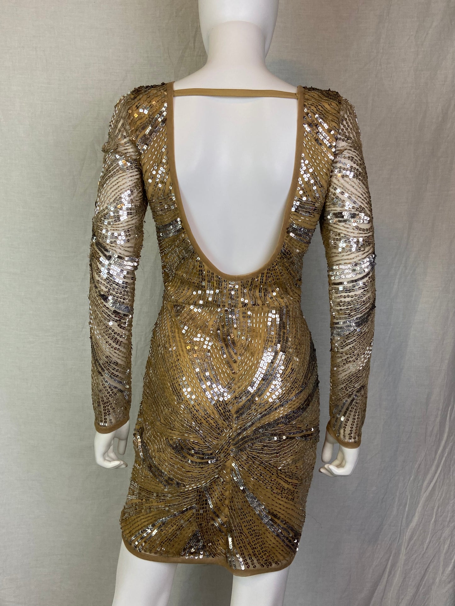 Venus Couture Beaded Beige Tan Cocktail Dress ABBY ESSIE STUDIOS