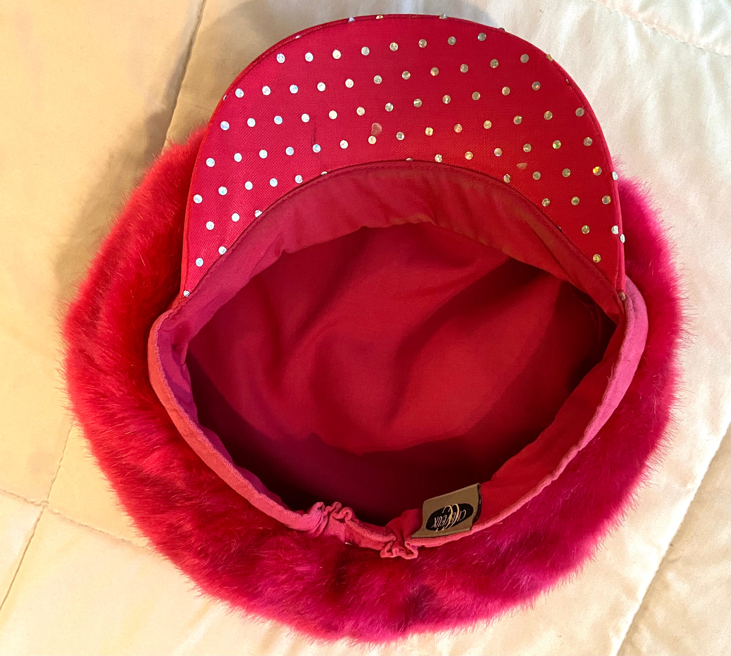 Hot Pink Faux Fur Bejeweled Rhinestone Cap Hat