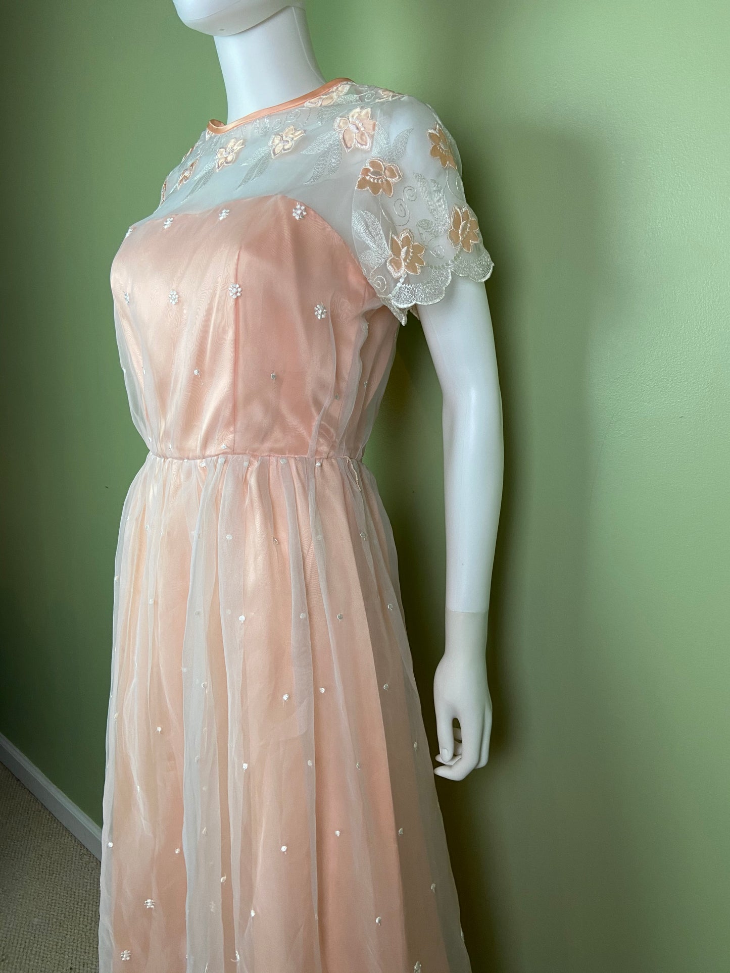 Vintage Victorian Bespoke Pink Peach Satin Sheer Embroidered Floral Lace Dress Gown Abby Essie