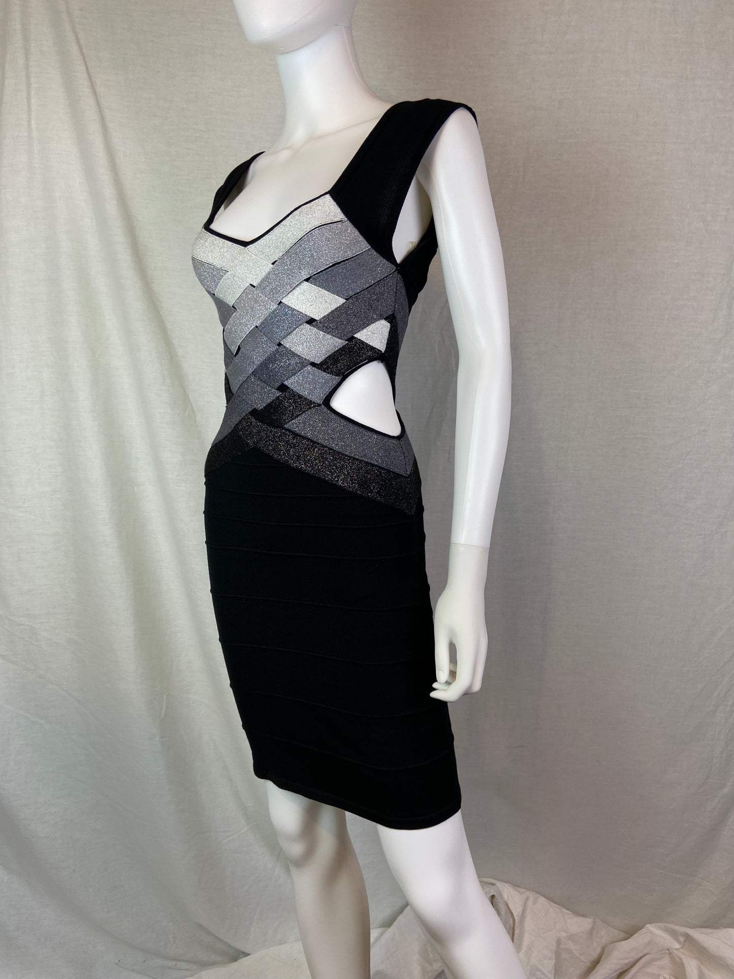 Wow Couture Black Silver Gray Glitter Cut Out Bandage Dress ABBY ESSIE STUDIOS