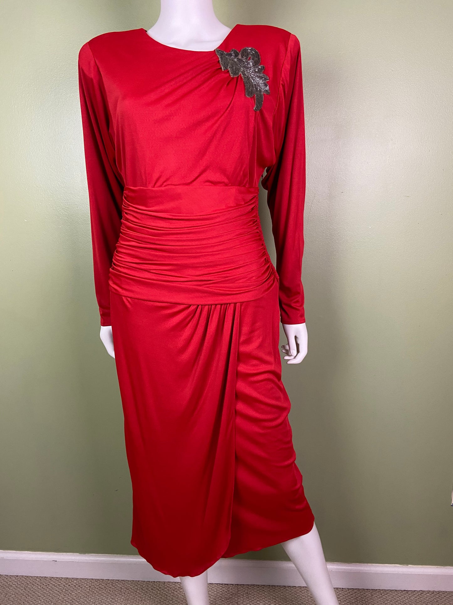 Vintage Bright Beaded Red Ruche Drape Dress Abby Essie