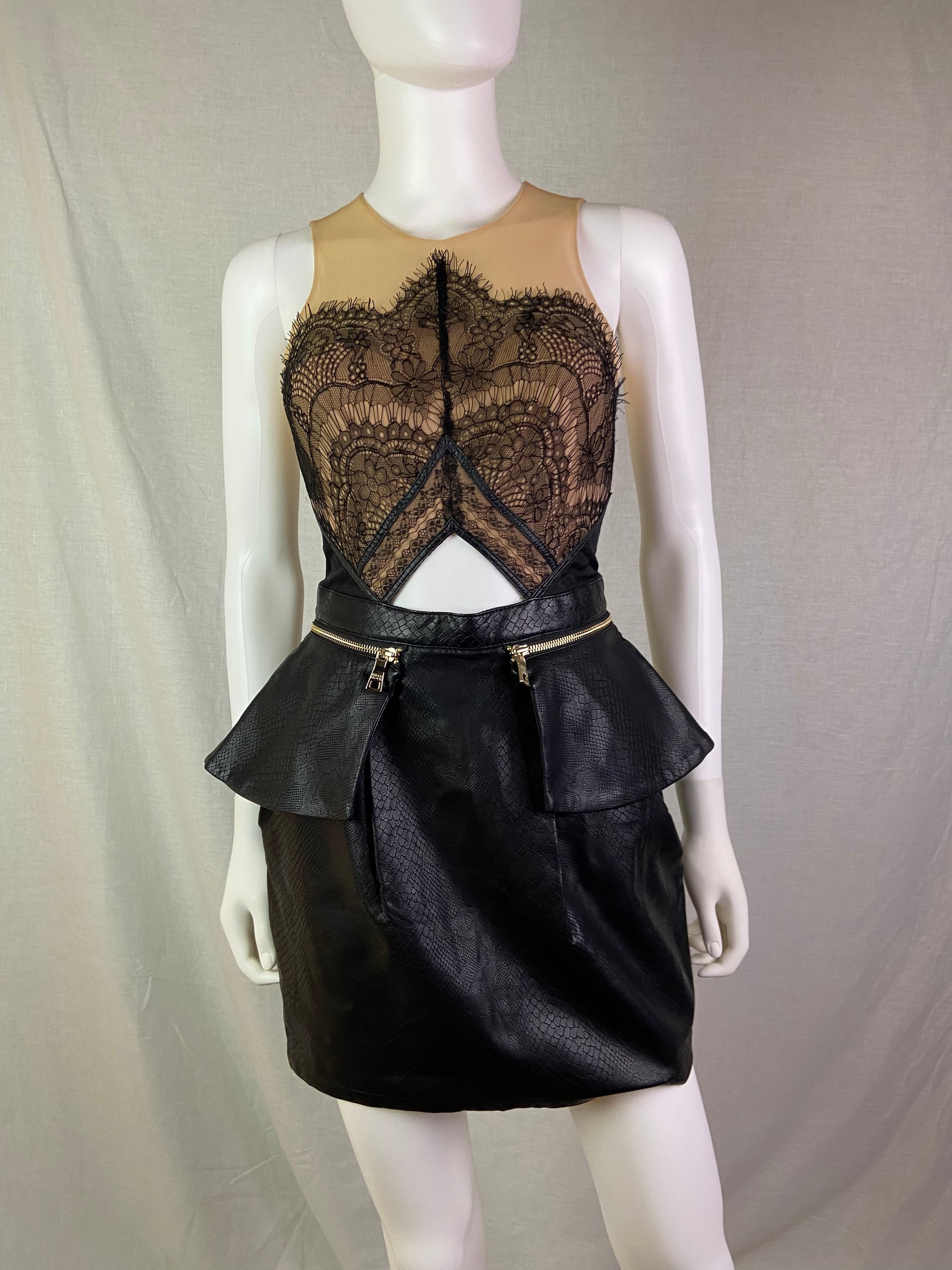 Three Floor Black Beige Lace Leather Peplum Mini Dress ABBY ESSIE STUDIOS