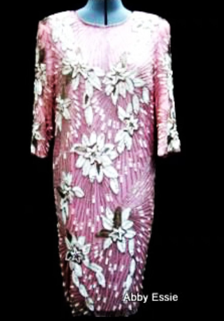 Rare Vintage Nina Couture Light Pink Sequined & Beaded Silk Deco Great Gatsby Flapper Gown Sz Medium Abby Essie