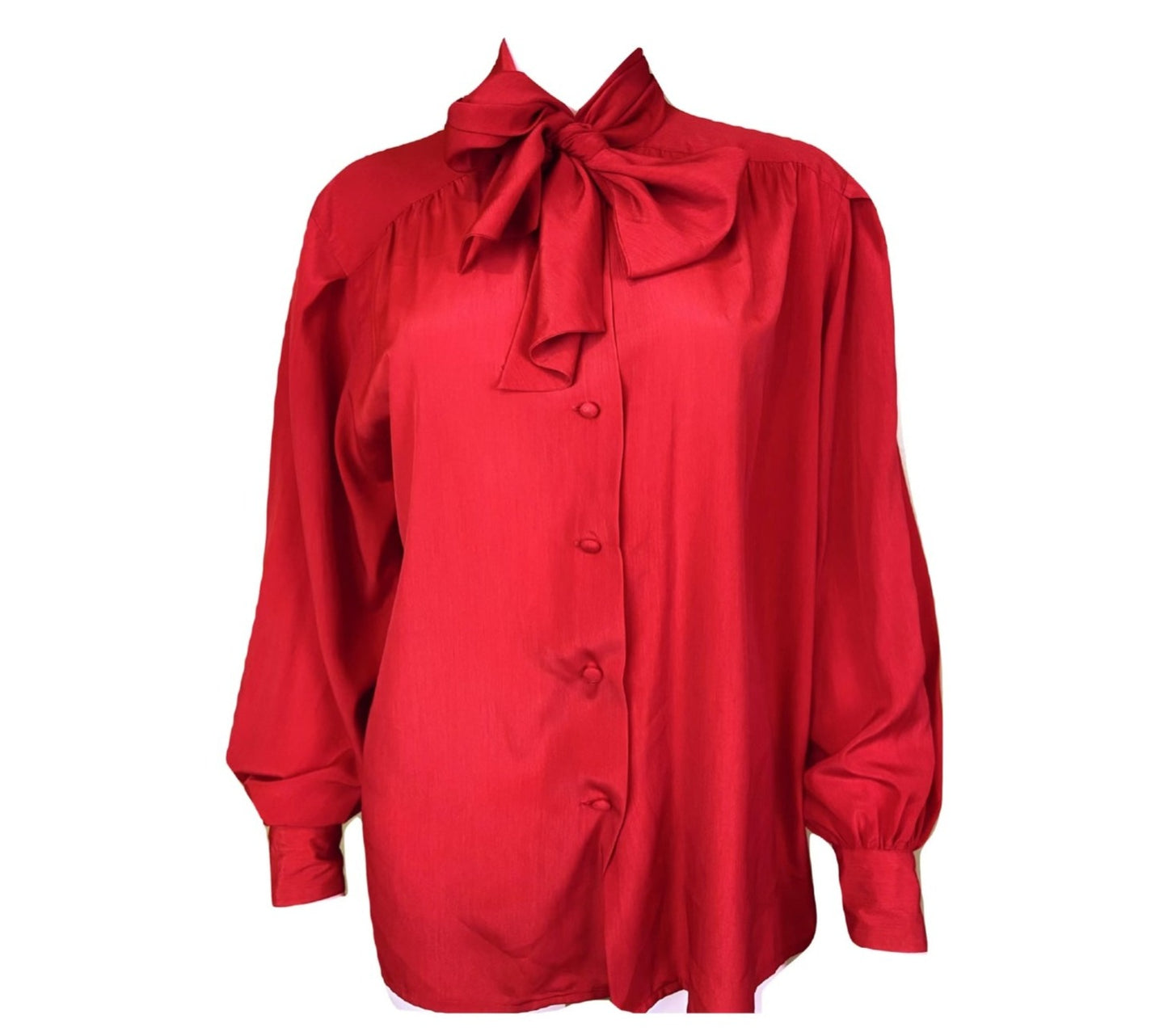 Vintage Red Kitten Bow Silky Blouson Sleeve Career Cocktail