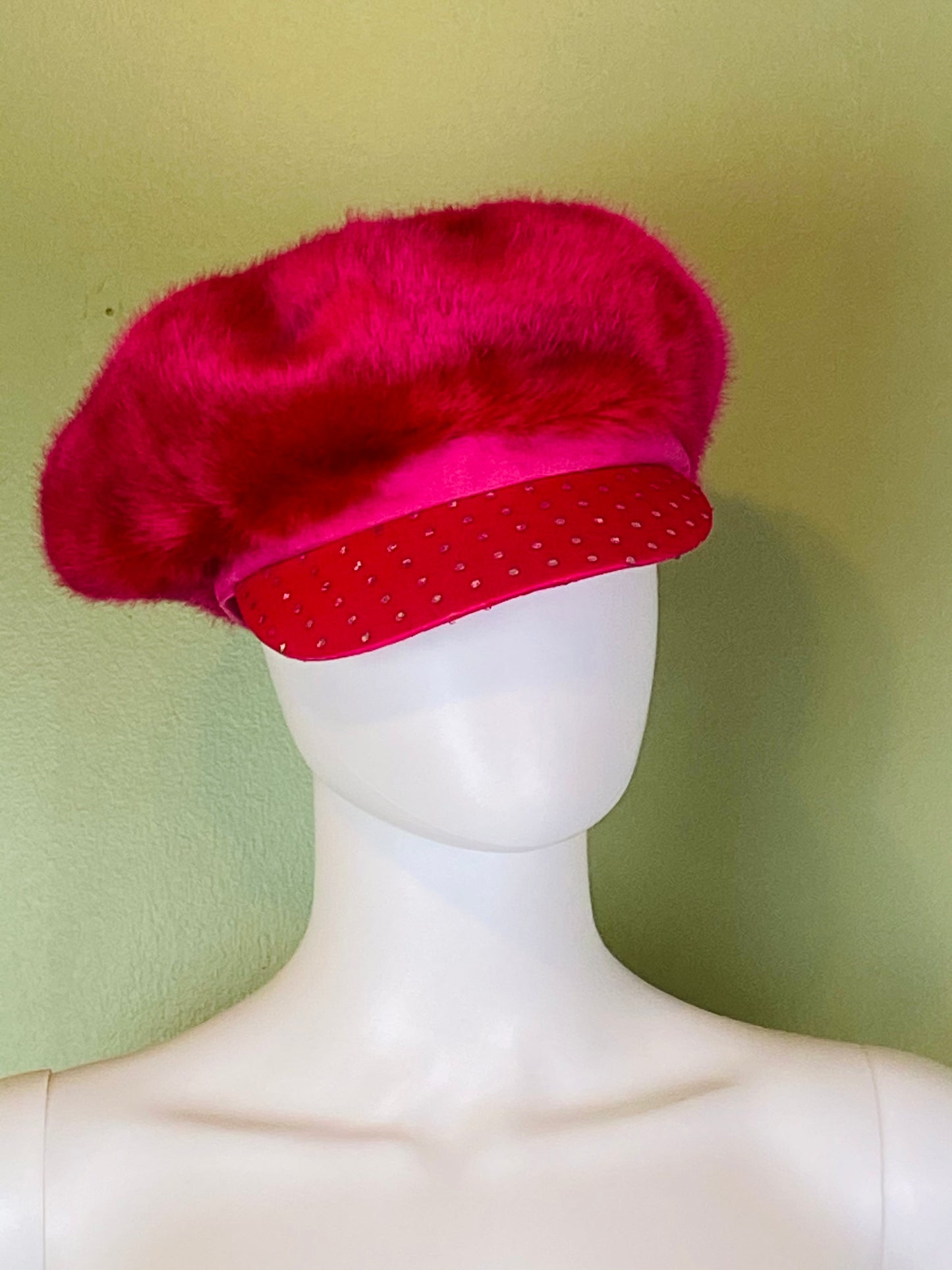 Hot Pink Faux Fur Bejeweled Rhinestone Cap Hat