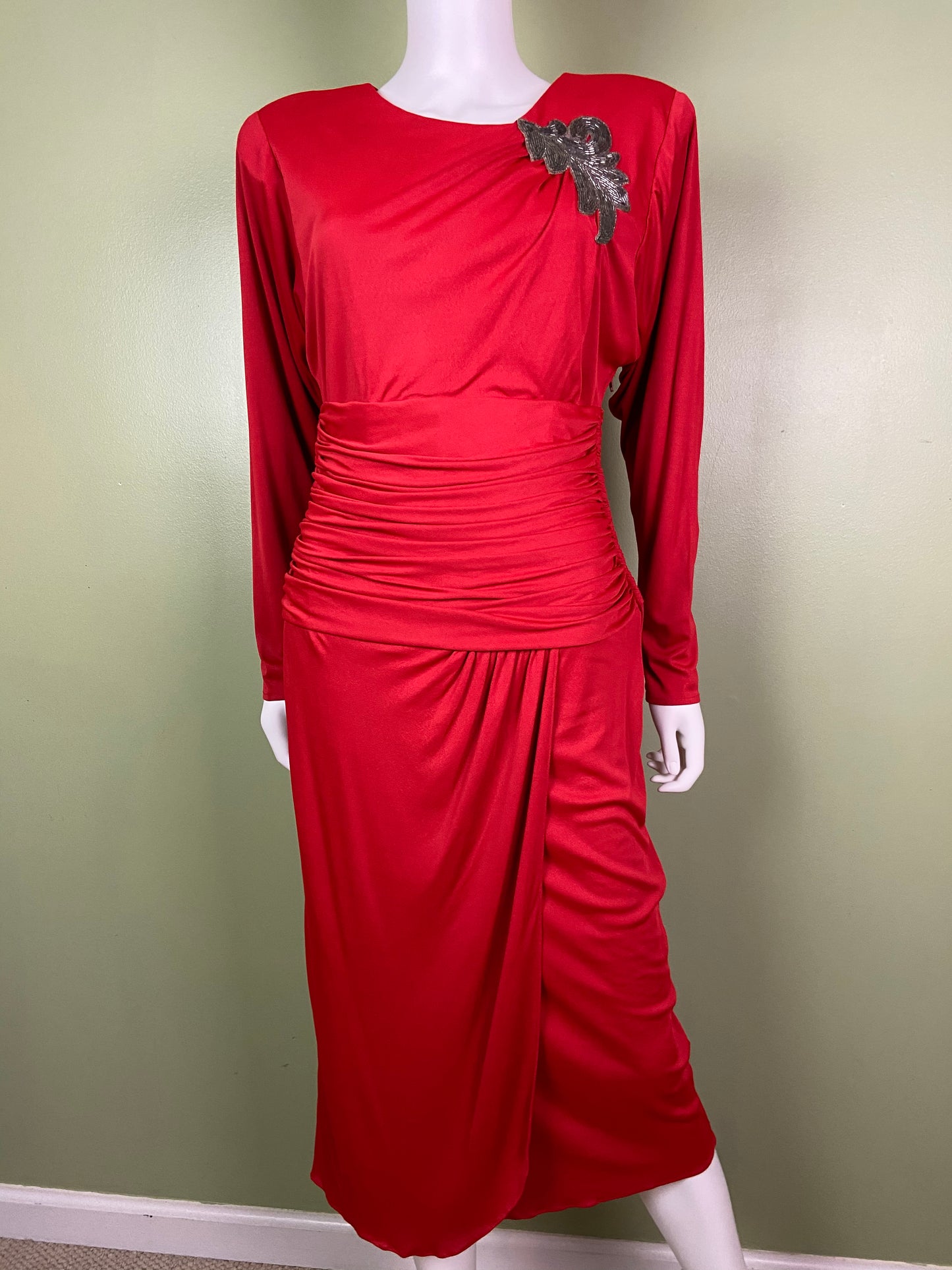 Vintage Bright Beaded Red Ruche Drape Dress Abby Essie