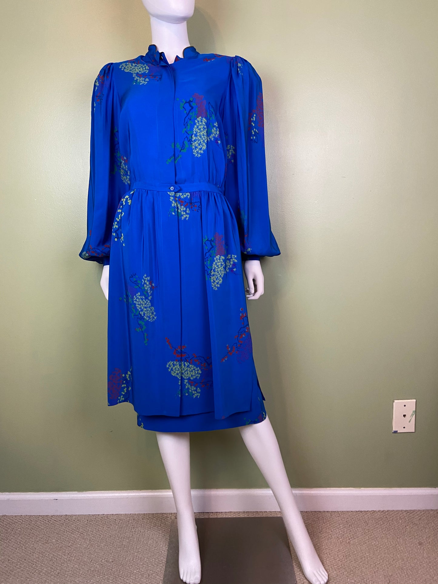 LANVIN Vintage Floral Royal Blue Silk Dress with Skirt Abby Essie