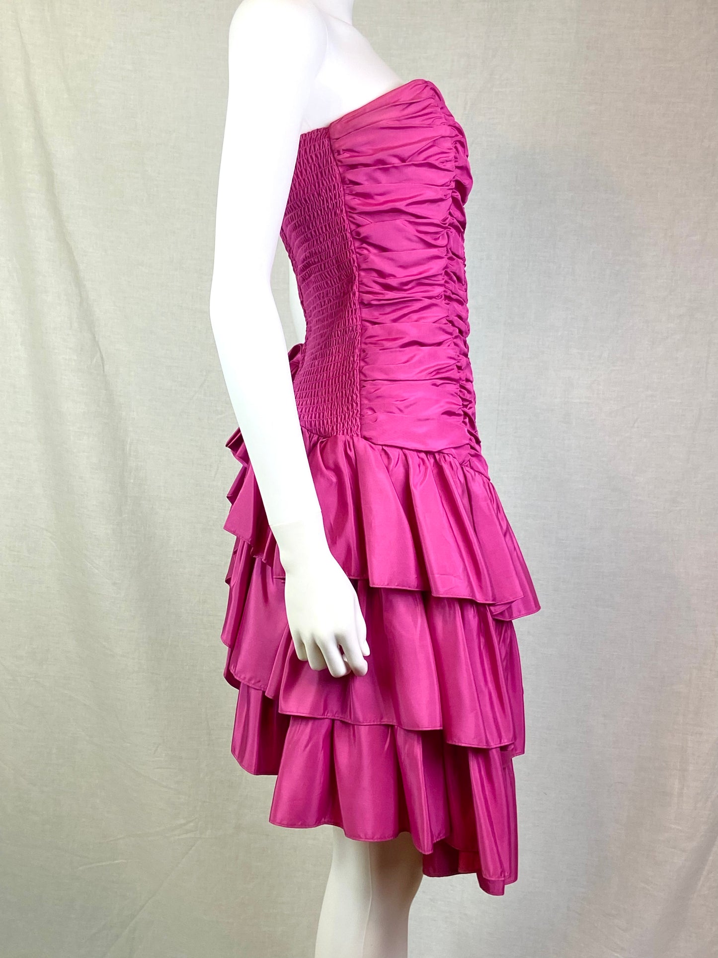 Vintage Positively ELLYN Hot Pink Satin Ruche Ruffle Dress ABBY ESSIE STUDIOS