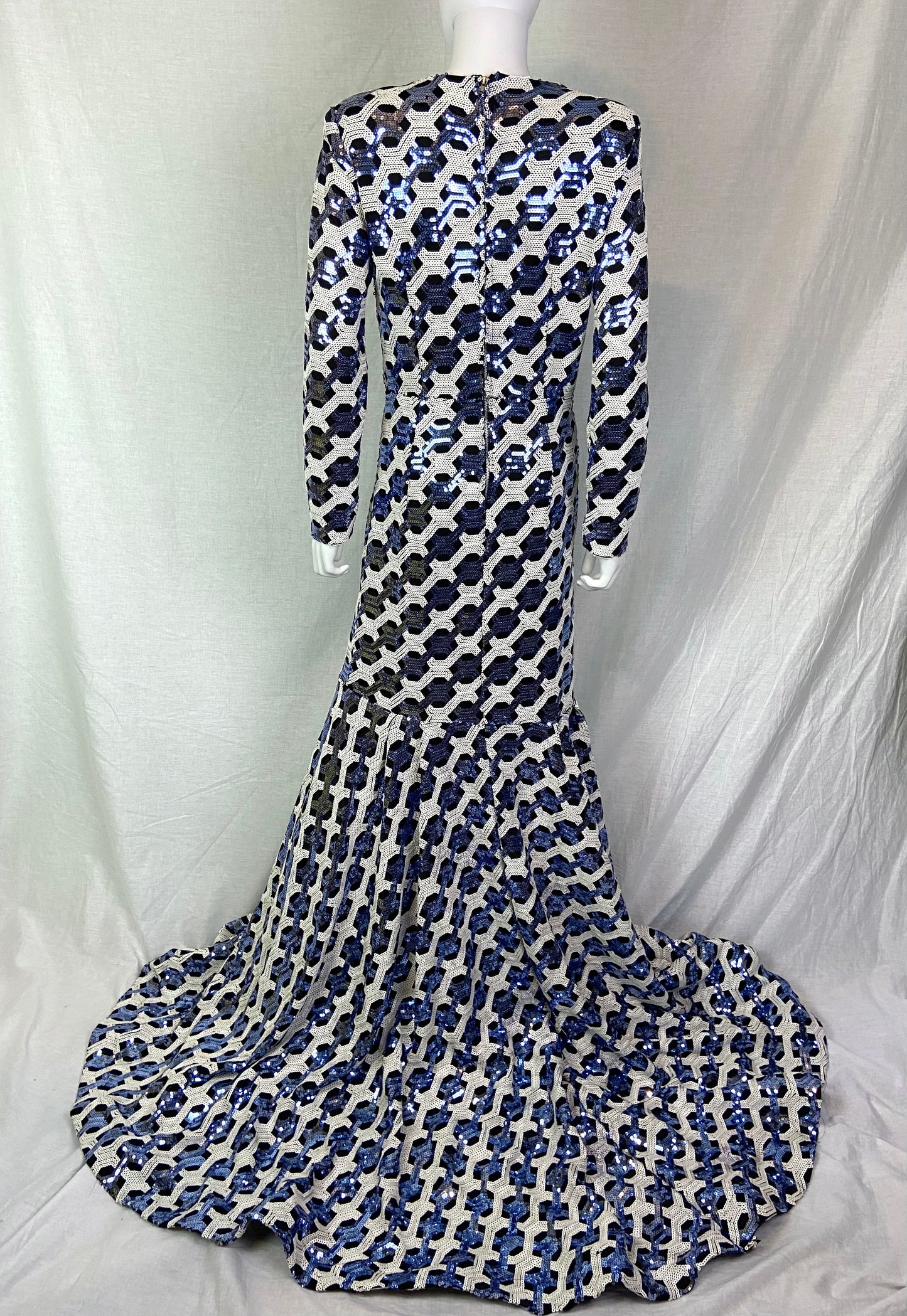 VINTAGE CUSTOM Blue White Black Sequin Mermaid Gown ABBY ESSIE STUDIOS