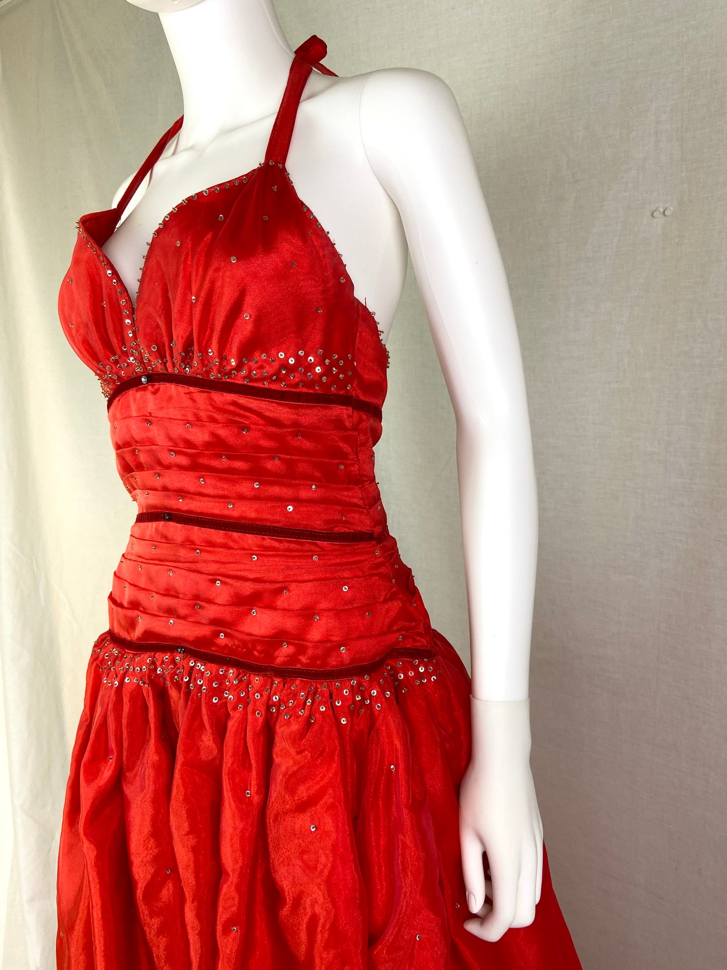Beutifly Red Satin Rhinestone Ruche Gown ABBY ESSIE STUDIOS