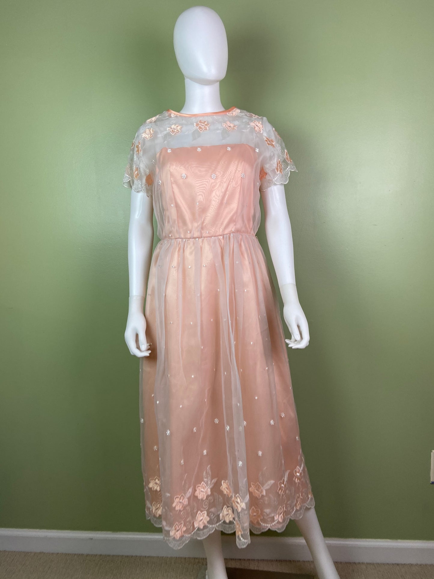 Vintage Victorian Bespoke Pink Peach Satin Sheer Embroidered Floral Lace Dress Gown Abby Essie