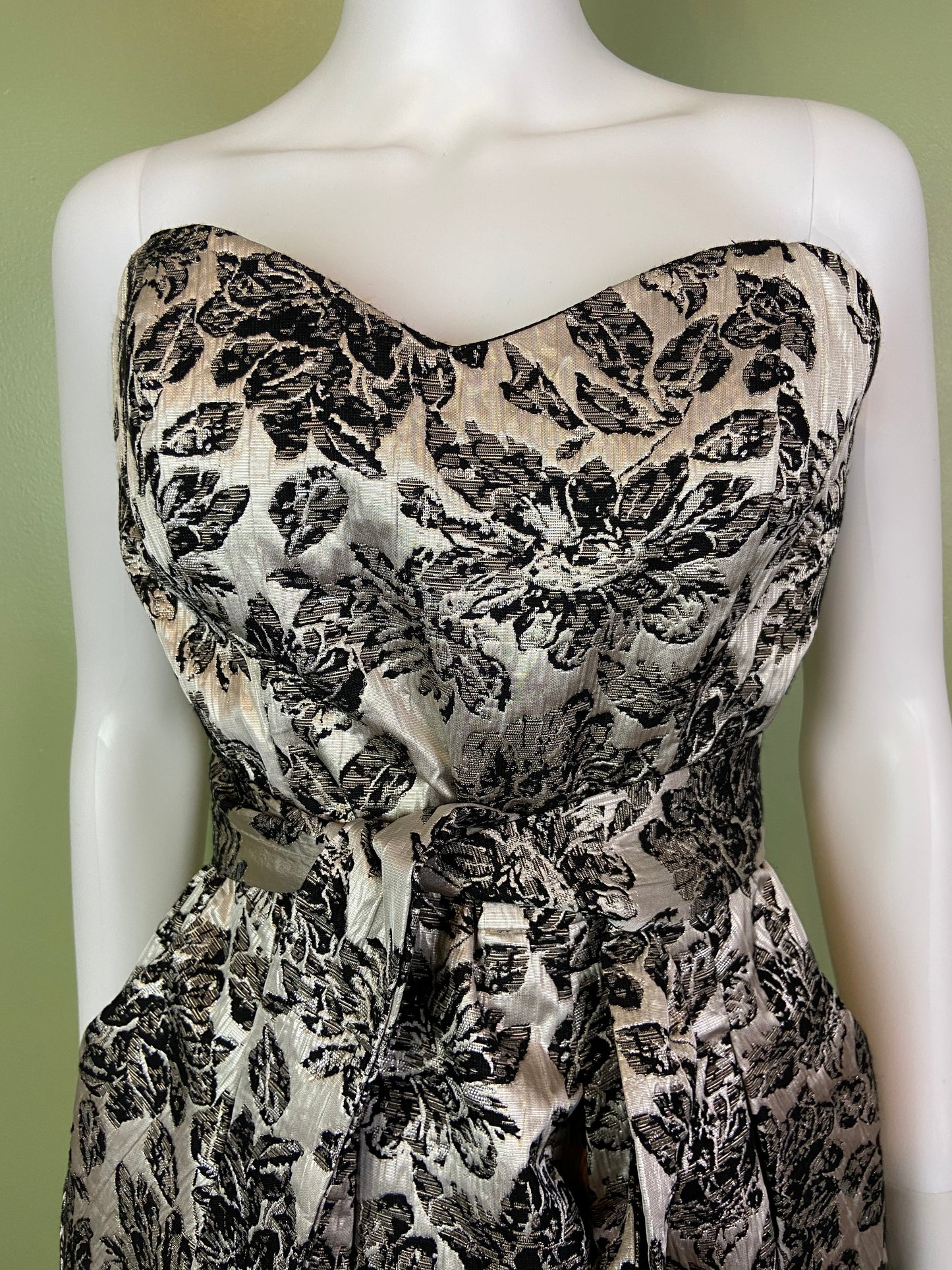 Silver Lame Black Floral Strapless Bustier Bubble Dress Abby Essie