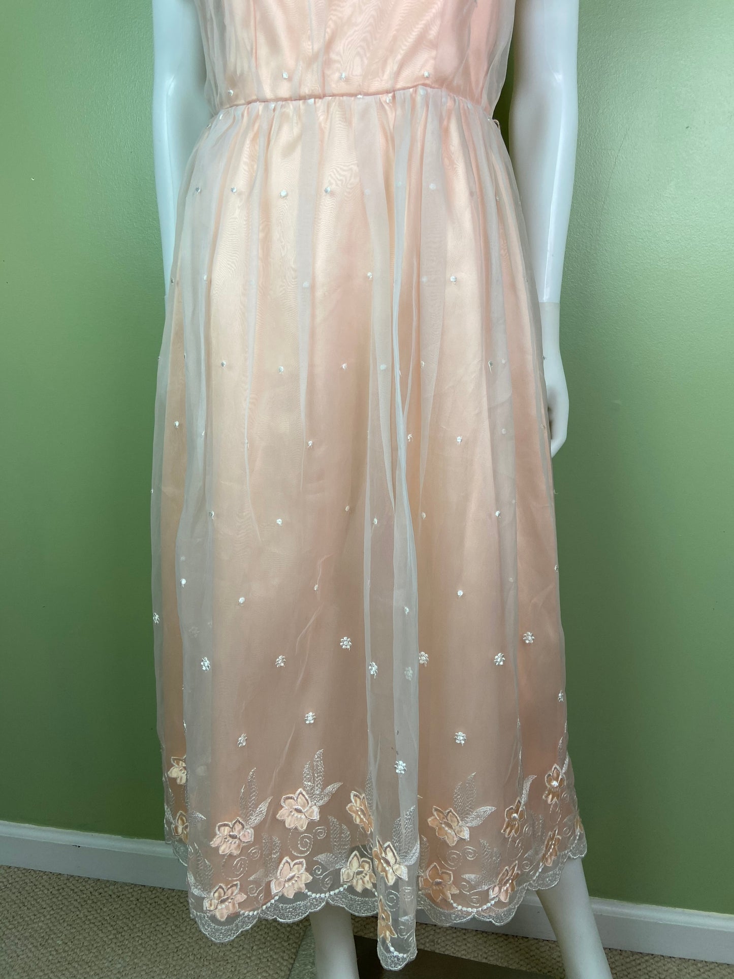 Vintage Victorian Bespoke Pink Peach Satin Sheer Embroidered Floral Lace Dress Gown Abby Essie