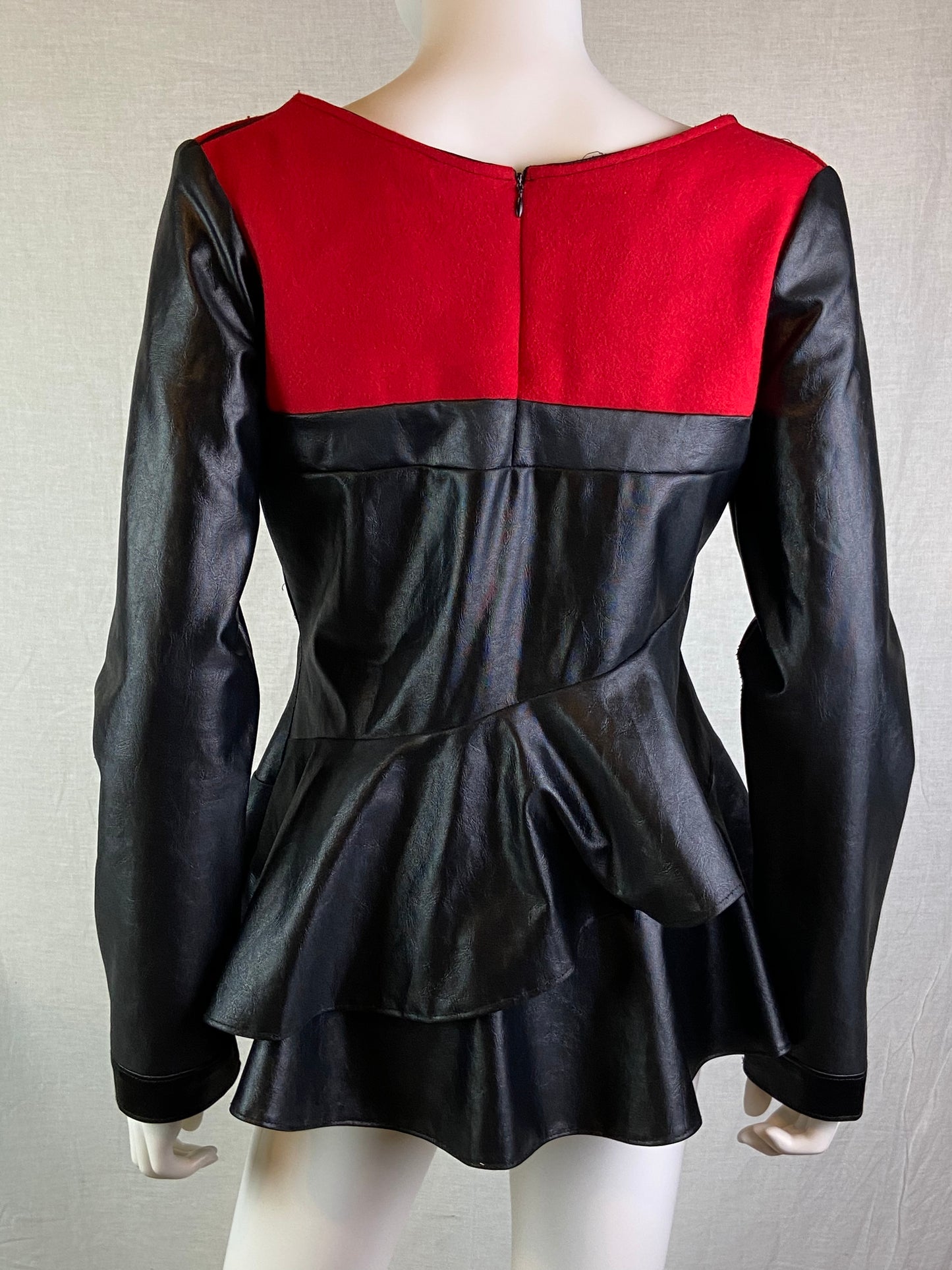 Custom Red Wool Black Faux Leather Top