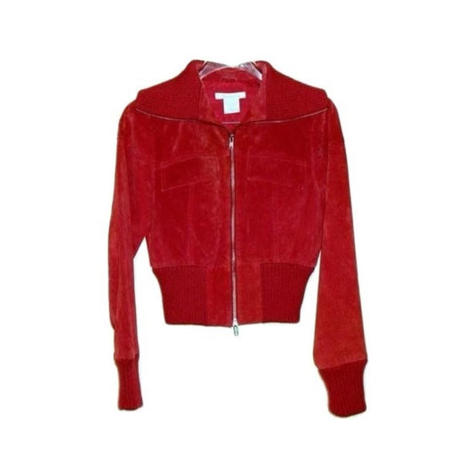 Red Suede Leather Zip Front Jacket Knit Collar Cuffs Abby Essie