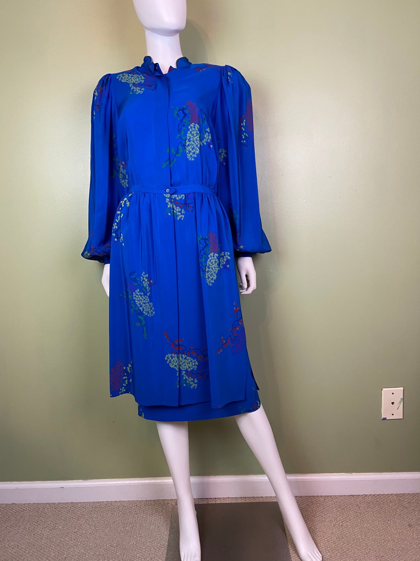 LANVIN Vintage Floral Royal Blue Silk Dress with Skirt Abby Essie